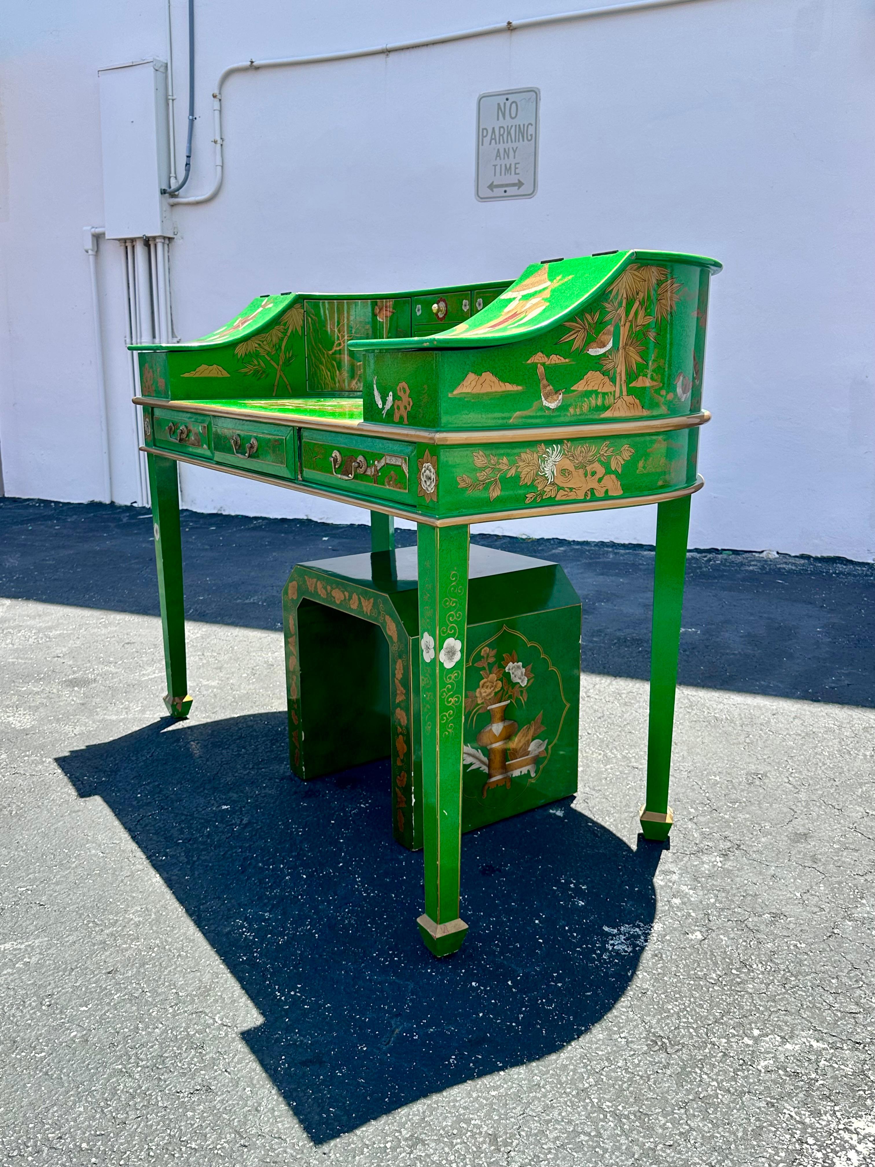 Sgabello da scrivania Chinoiserie anni '70 dipinto a mano in verde malachite, Set di 2 in vendita 1