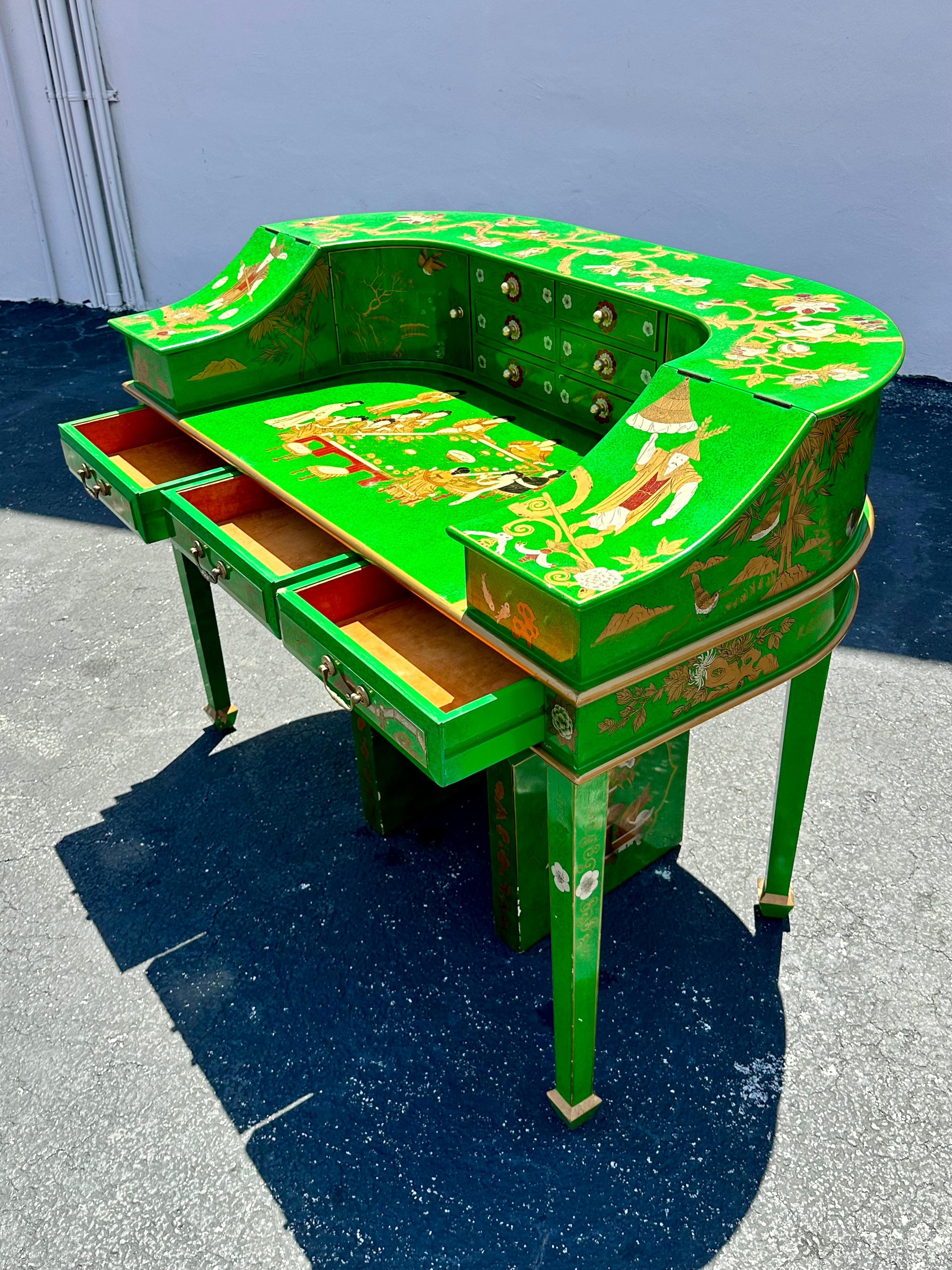 Sgabello da scrivania Chinoiserie anni '70 dipinto a mano in verde malachite, Set di 2 in vendita 2