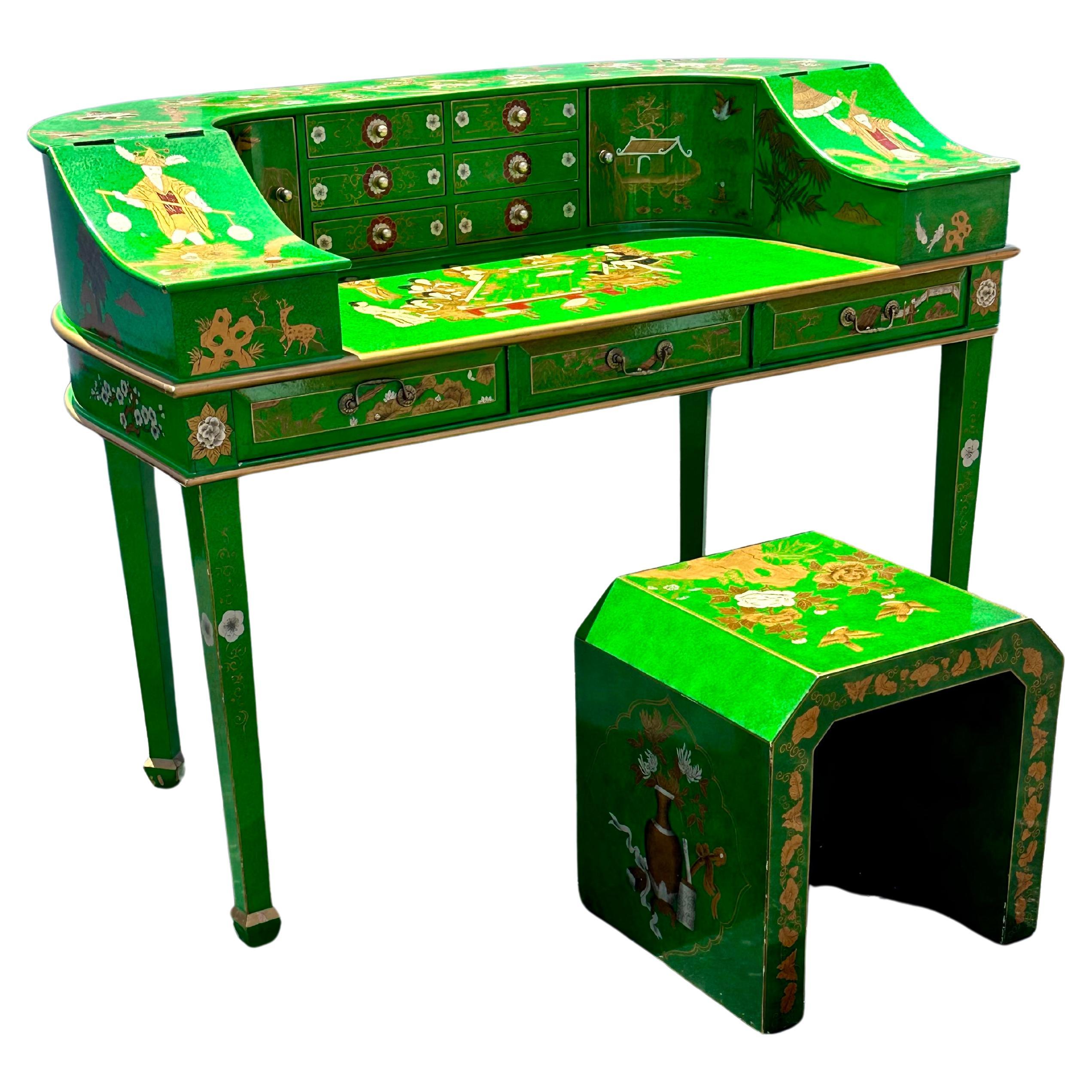 1970s Chinoiserie Hand Painted Malachite Green Desk Stool, Set of 2