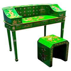 1970s Chinoiserie Hand Painted Malachite Green Desk Stool, Set of 2