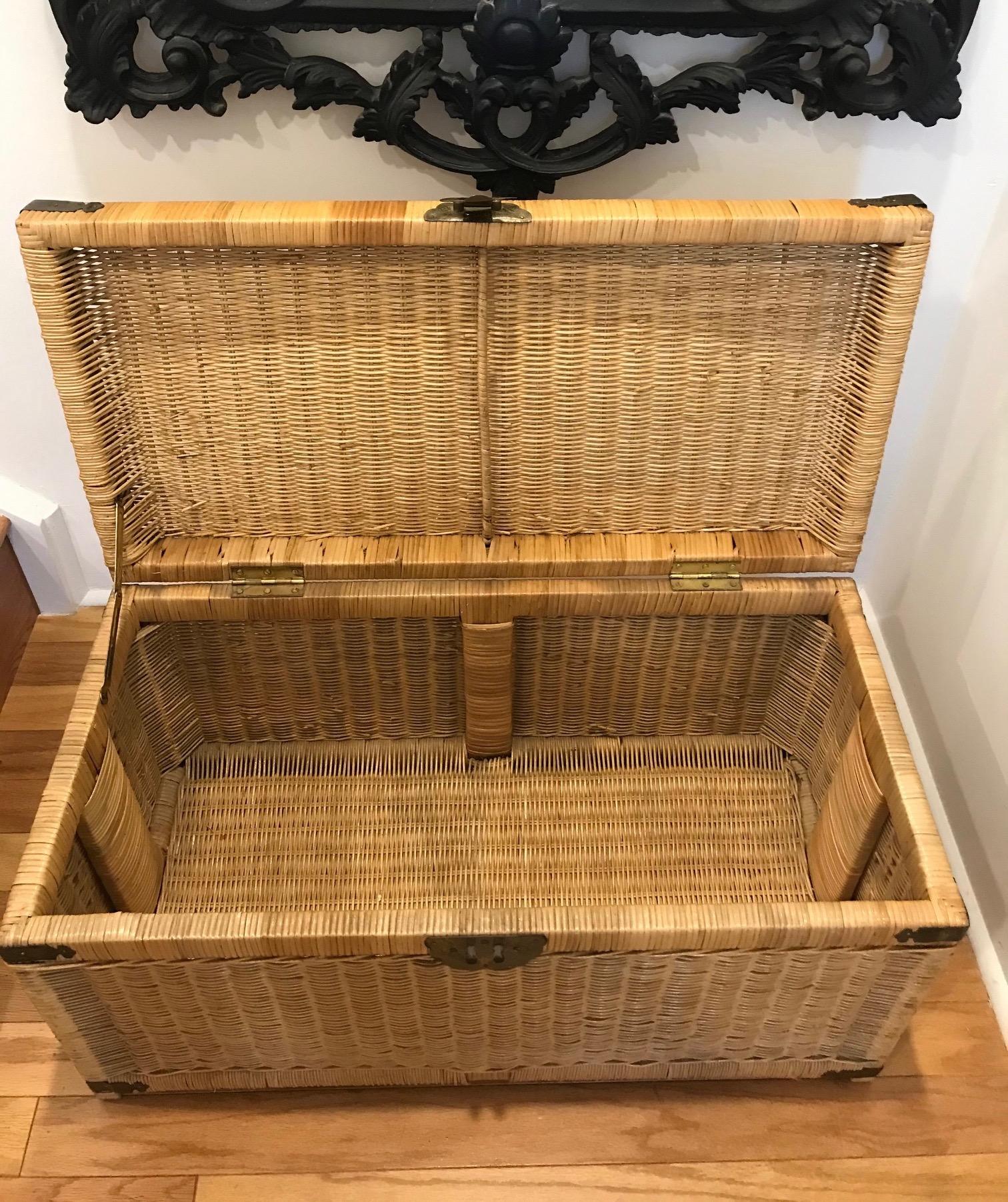 1970s Chinoiserie Handwoven Wicker Trunk or Blanket Chest with Brass Hardware 3