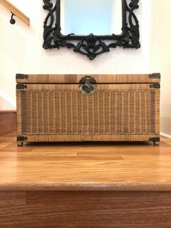 1970s Chinoiserie Handwoven Wicker Trunk or Blanket Chest with Brass Hardware