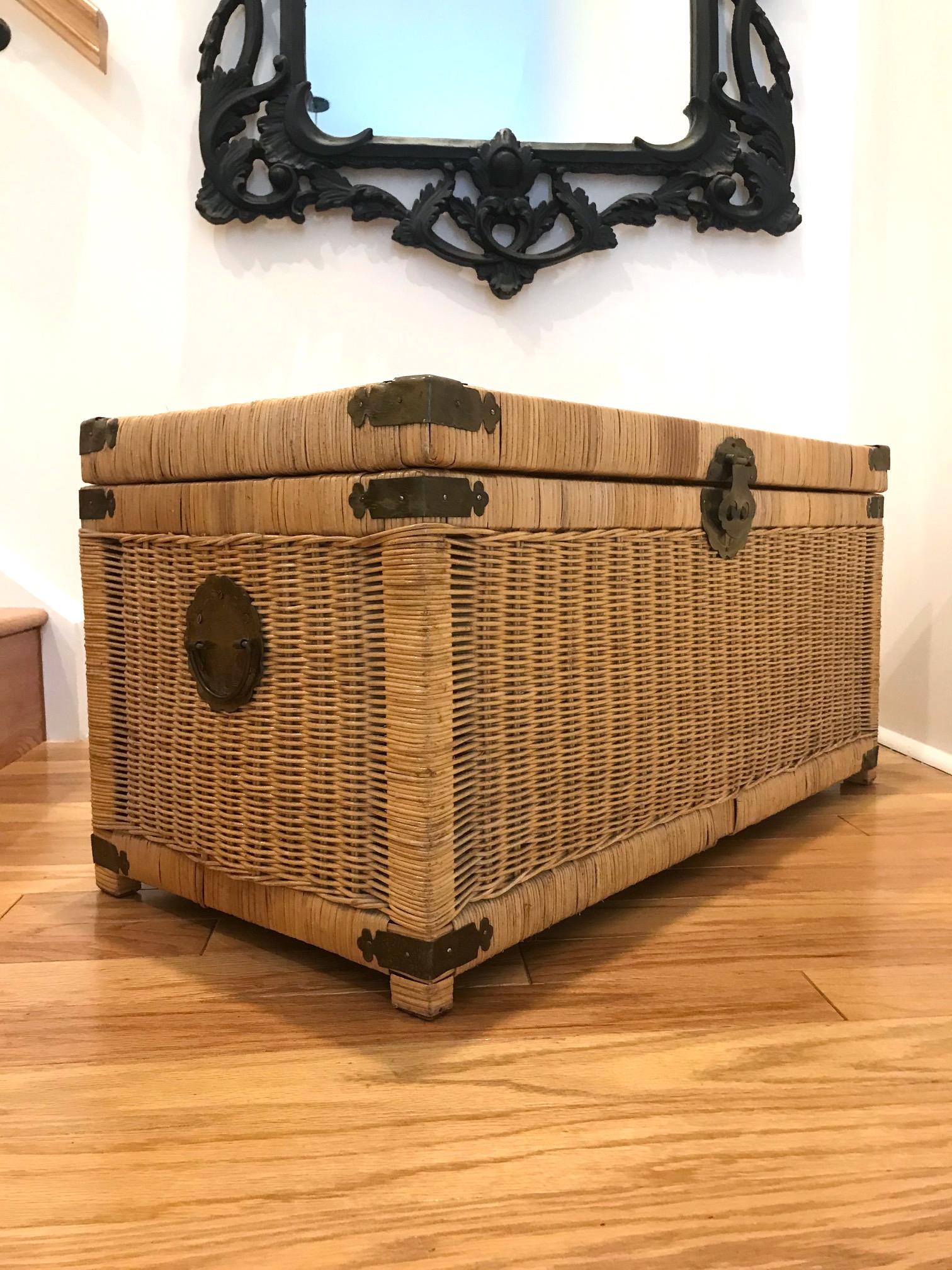 vintage wicker trunk with brass hardware