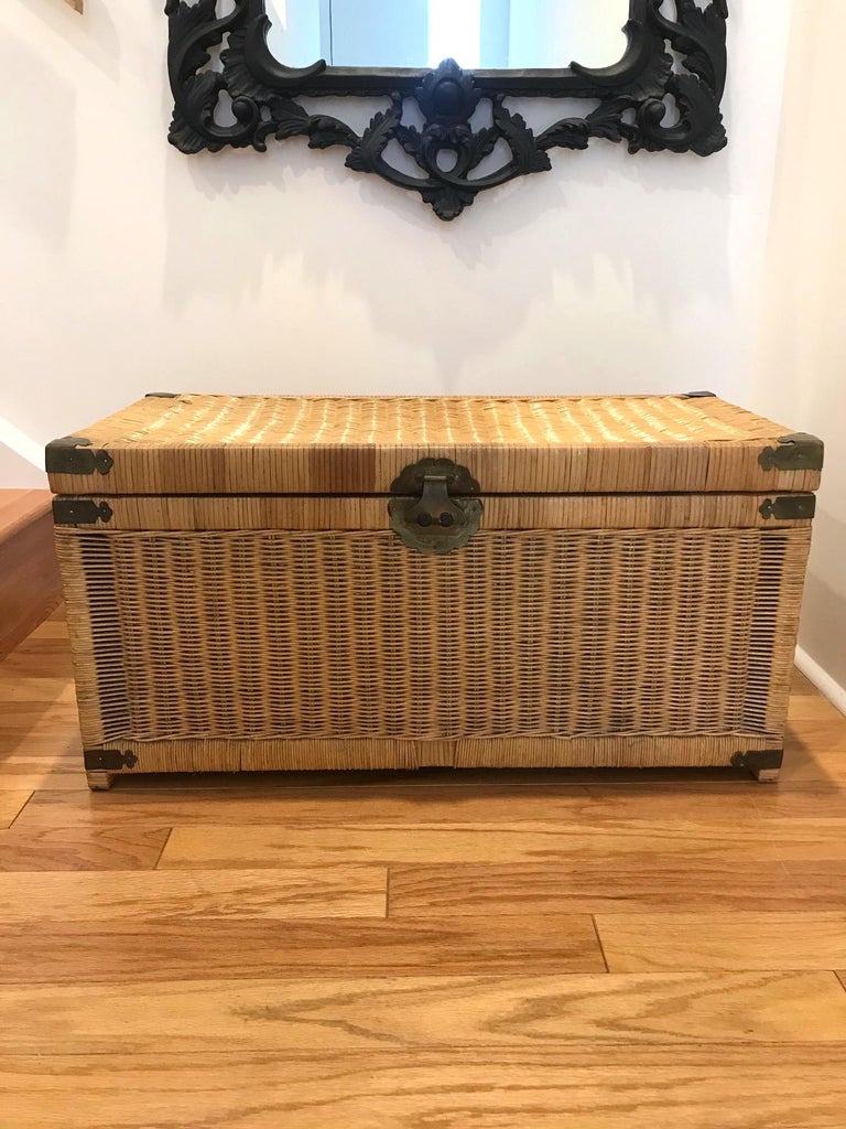 Chinese 1970s Chinoiserie Handwoven Wicker Trunk or Blanket Chest with Brass Hardware