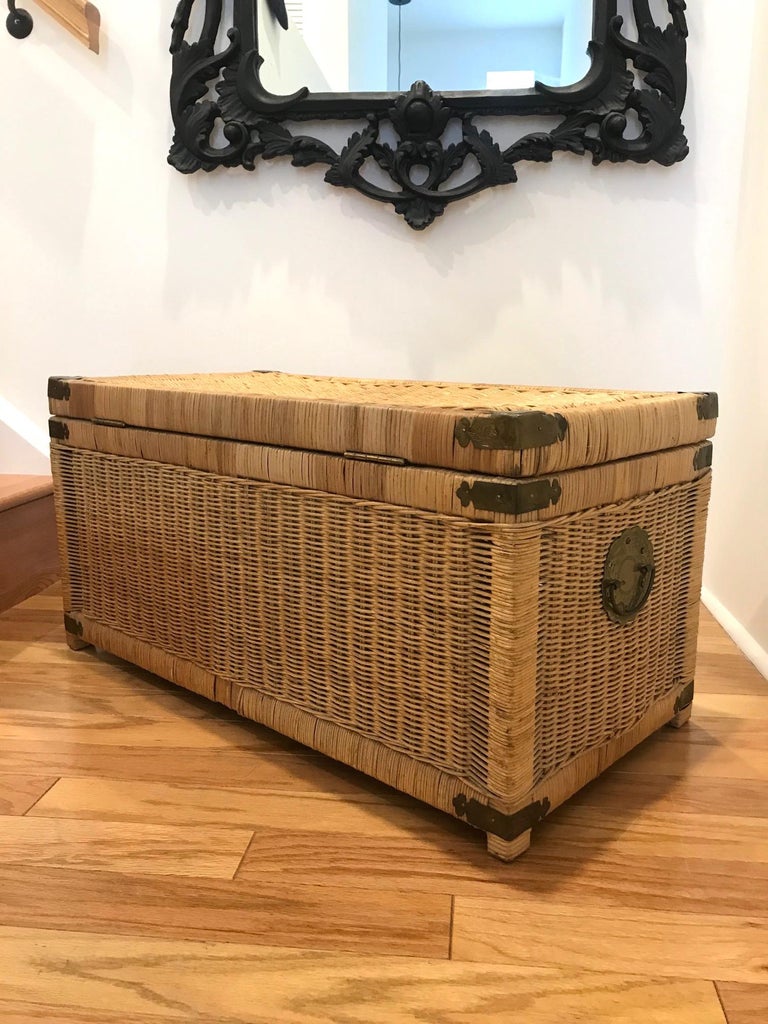 Hand-Crafted 1970s Chinoiserie Handwoven Wicker Trunk or Blanket Chest with Brass Hardware