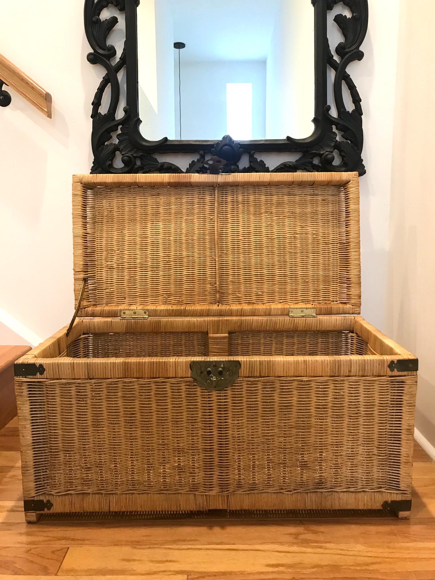 Campaign 1970s Chinoiserie Handwoven Wicker Trunk or Blanket Chest with Brass Hardware