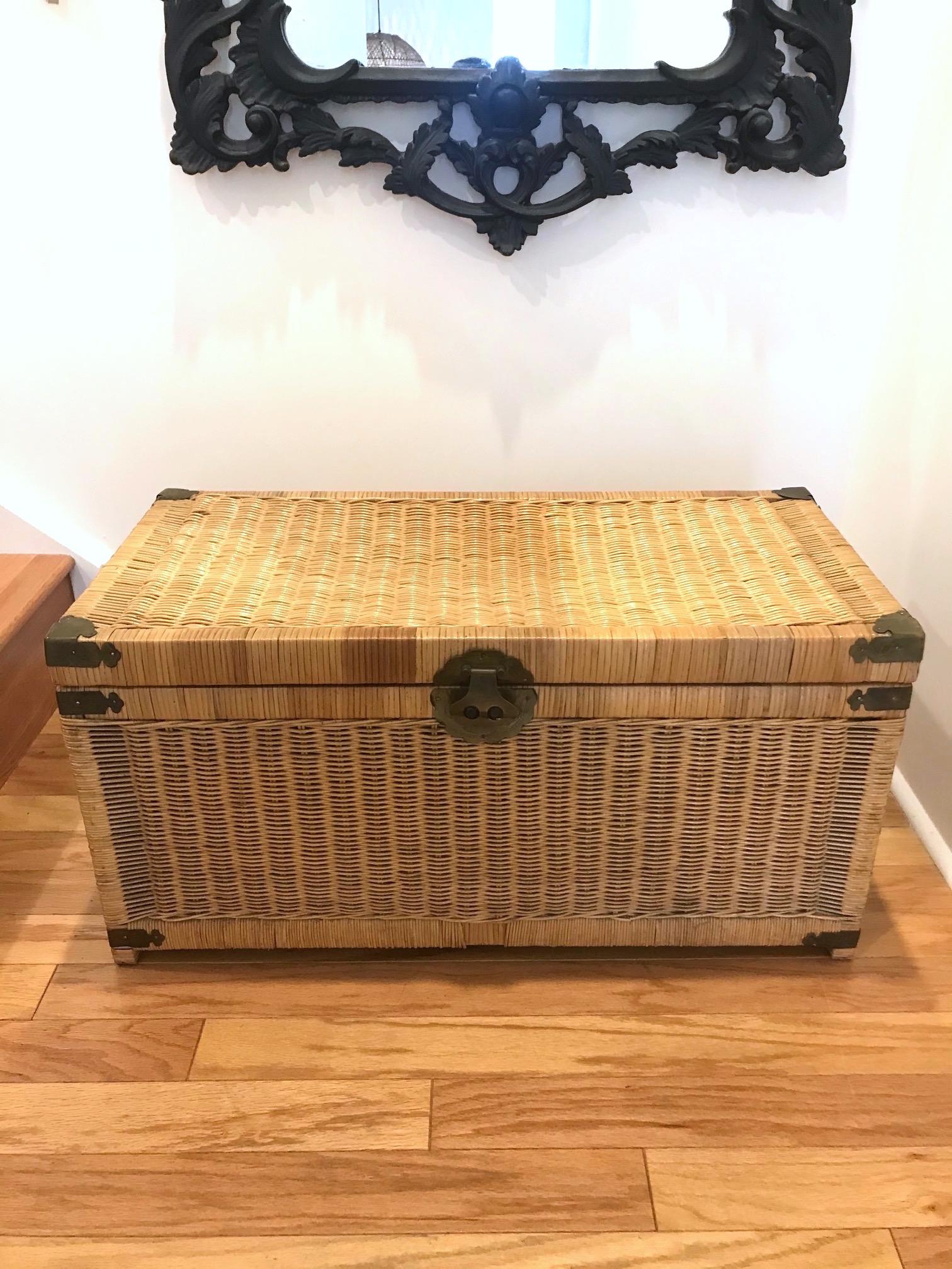 Chinese 1970s Chinoiserie Handwoven Wicker Trunk or Blanket Chest with Brass Hardware