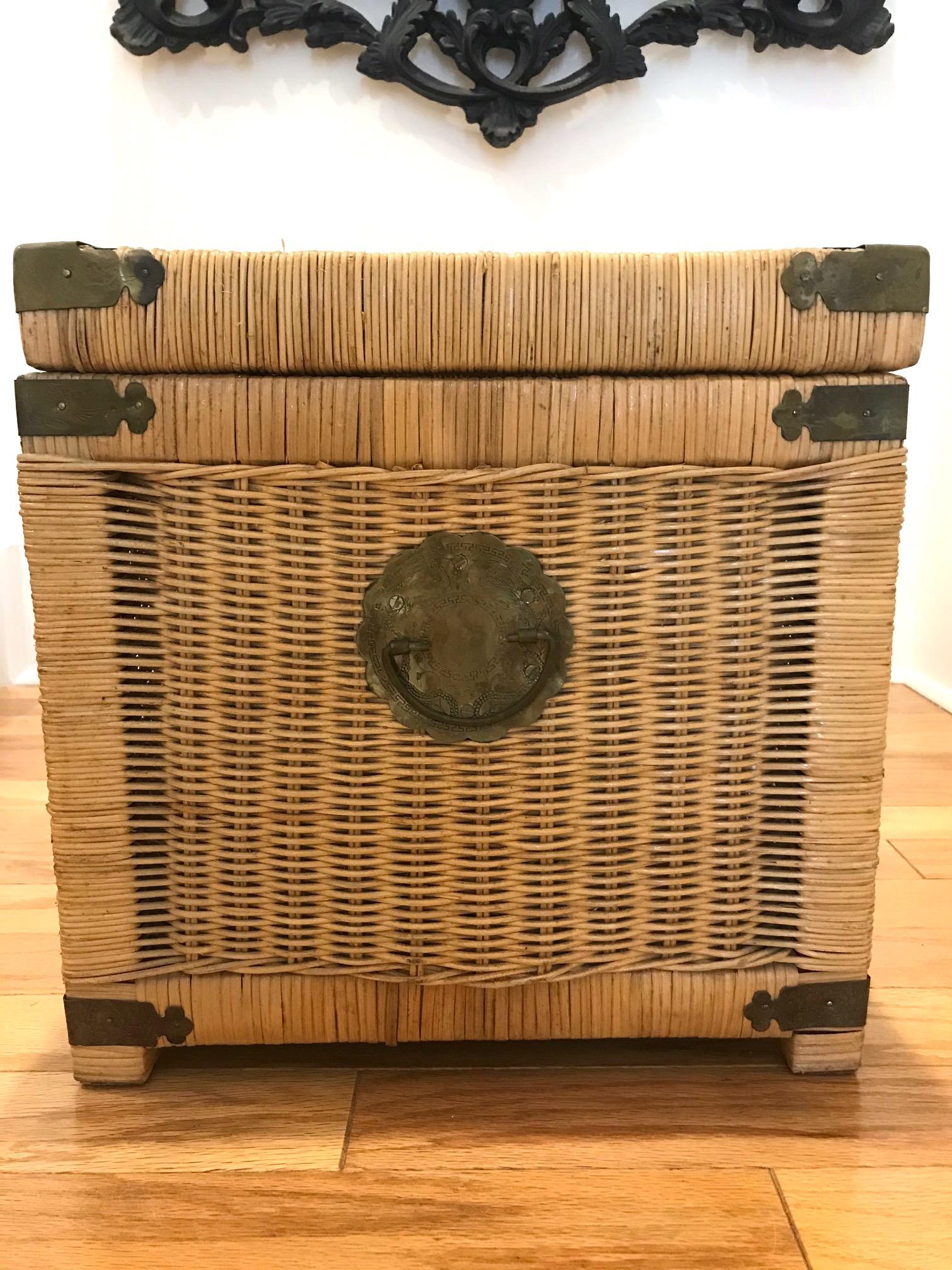 Hand-Crafted 1970s Chinoiserie Handwoven Wicker Trunk or Blanket Chest with Brass Hardware