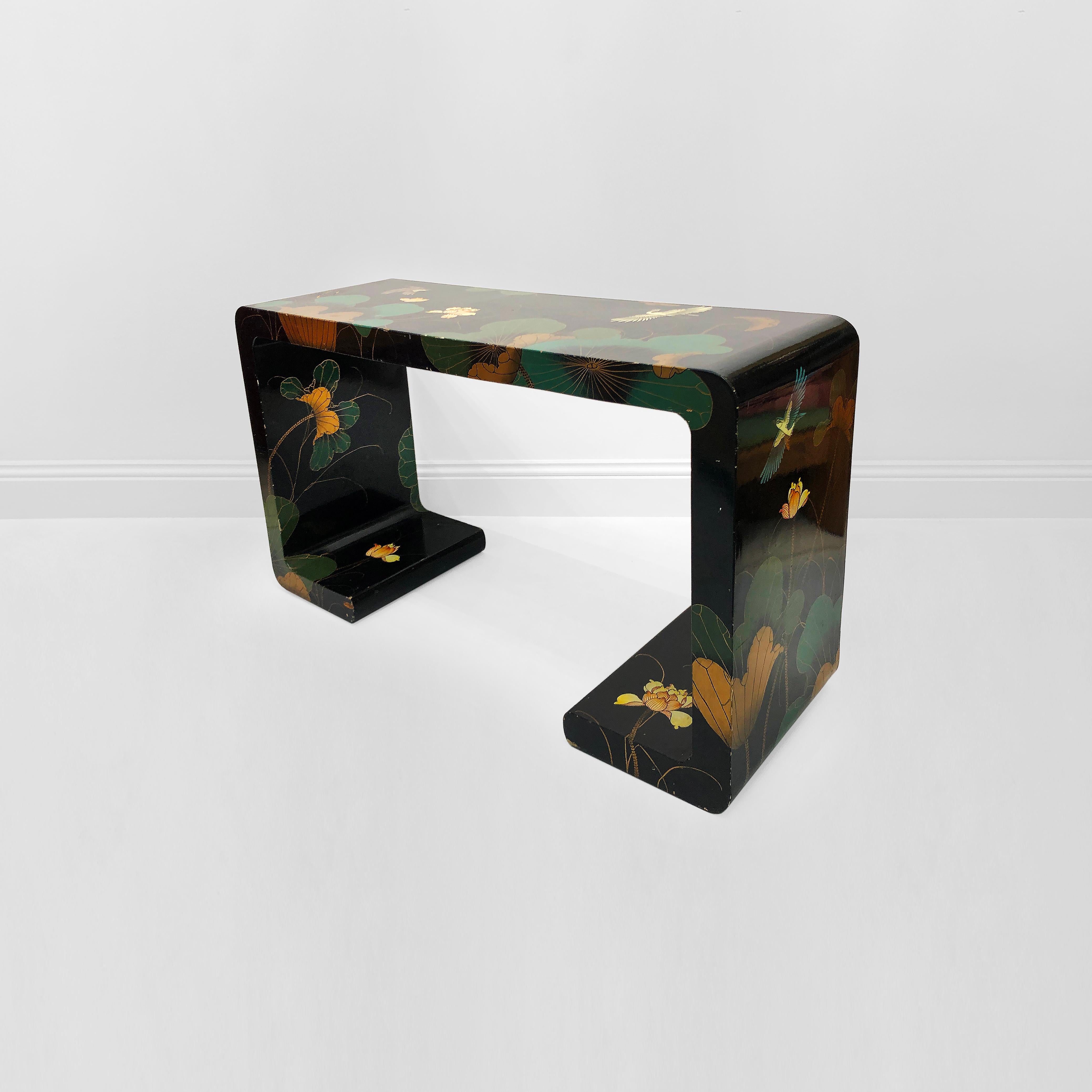 American 1970s Chinoiserie Hollywood Regency Waterfall Console Table Black Vintage Lamp For Sale