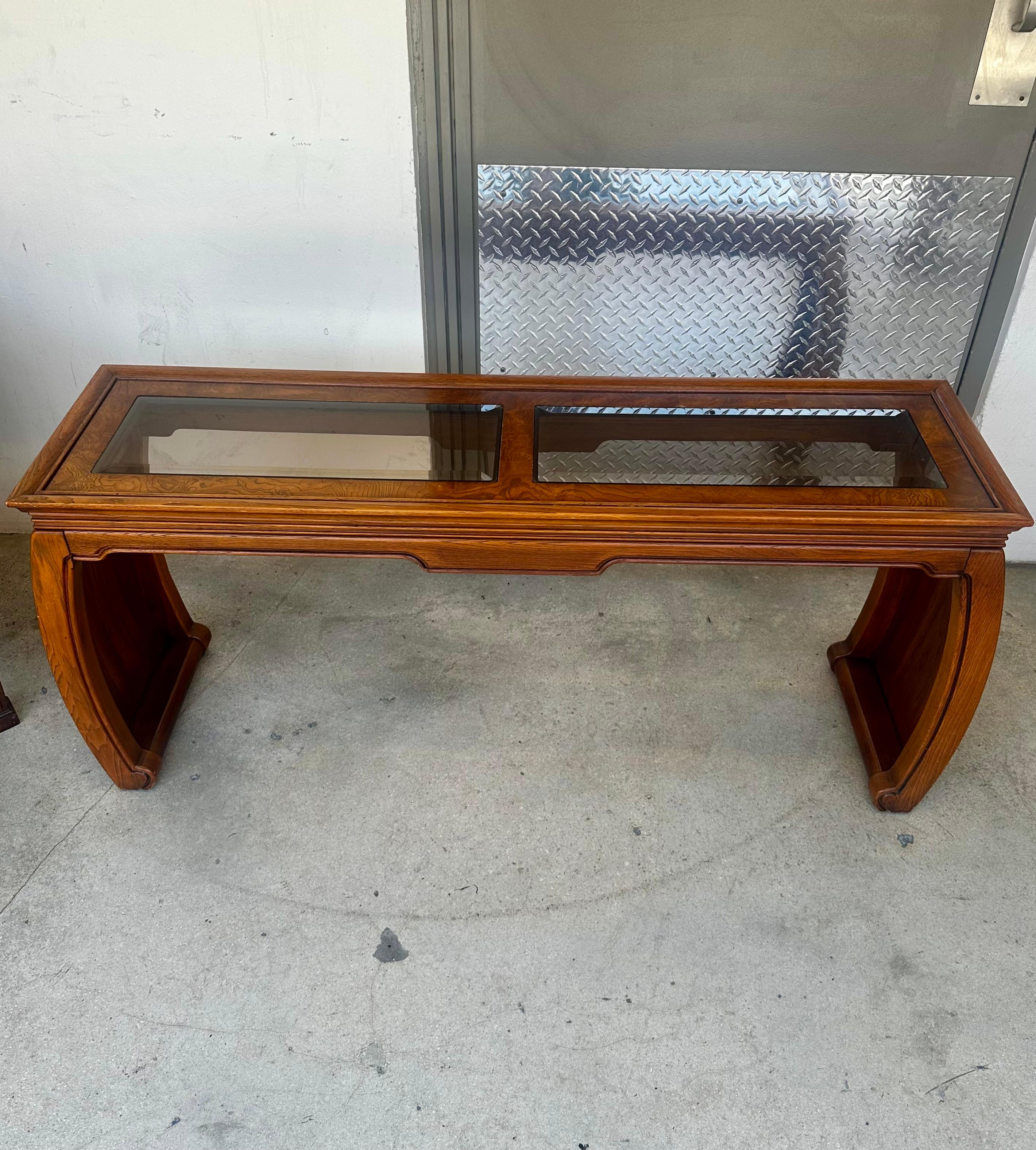 1970s Chinoiserie Scroll Ming Style Wood Glass Console Nesting Table Stools For Sale 5