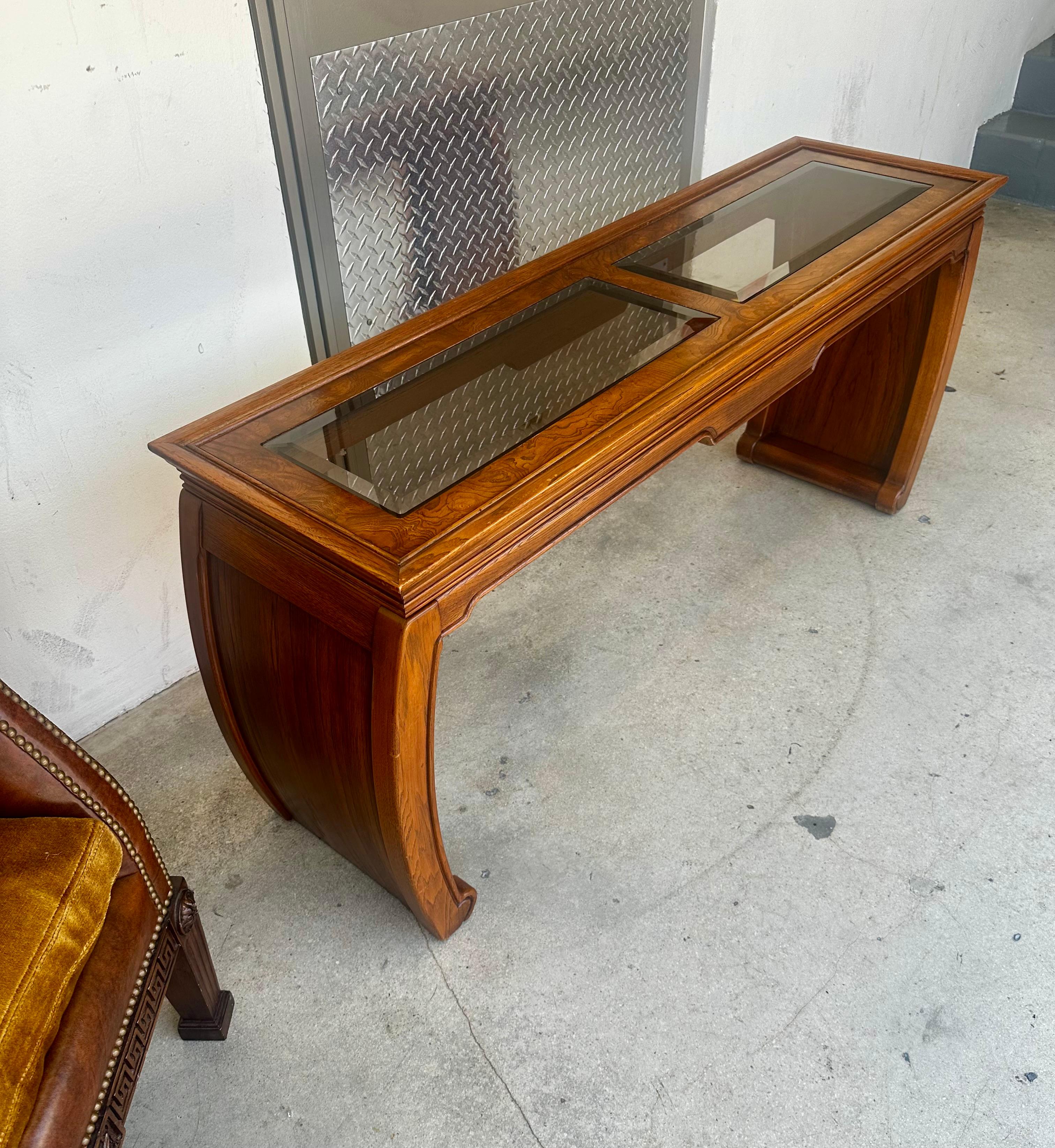 1970s Chinoiserie Scroll Ming Style Wood Glass Console Nesting Table Stools For Sale 6