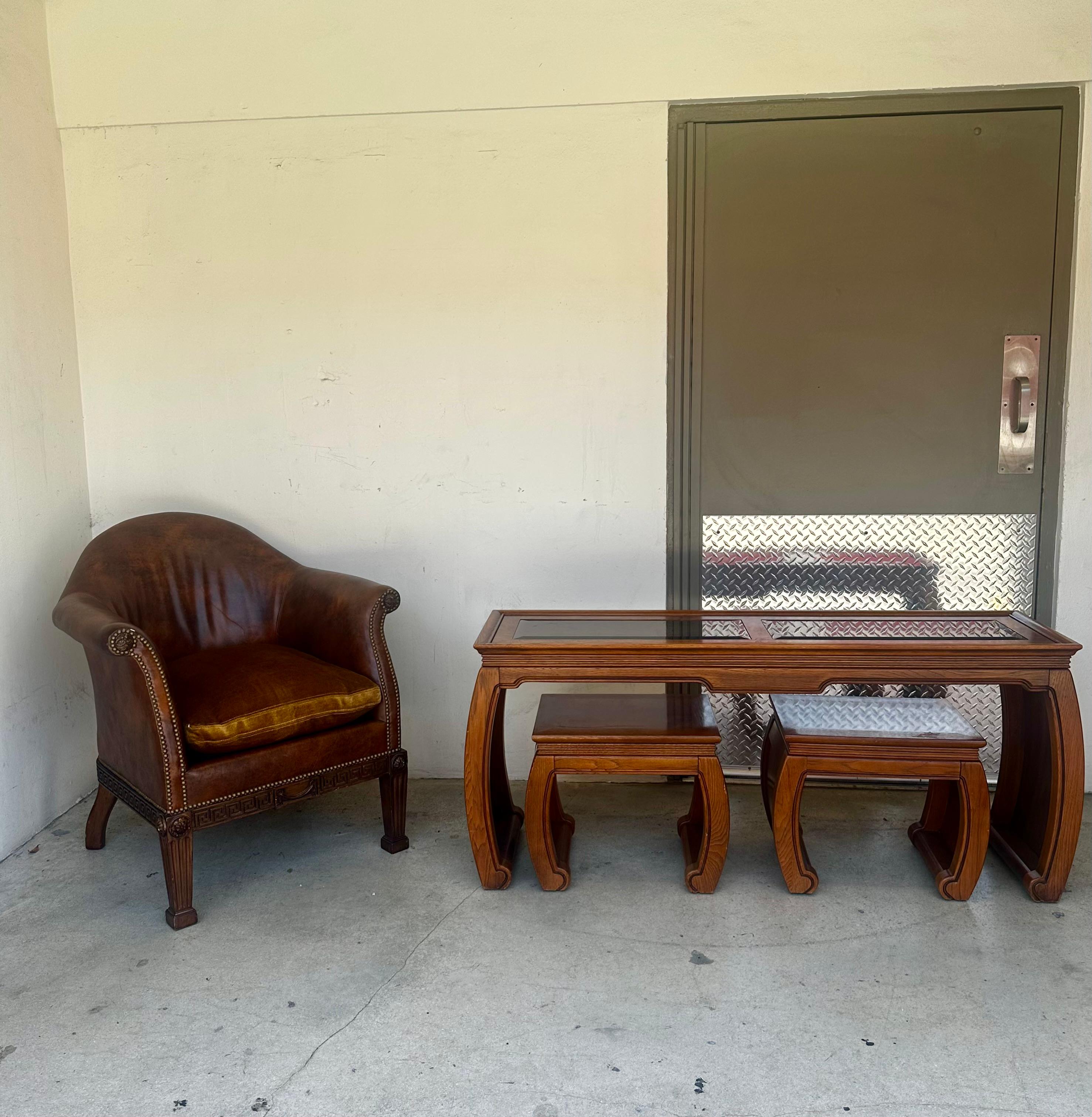 1970s Chinoiserie Scroll Ming Style Wood Glass Console Nesting Table Stools For Sale 8