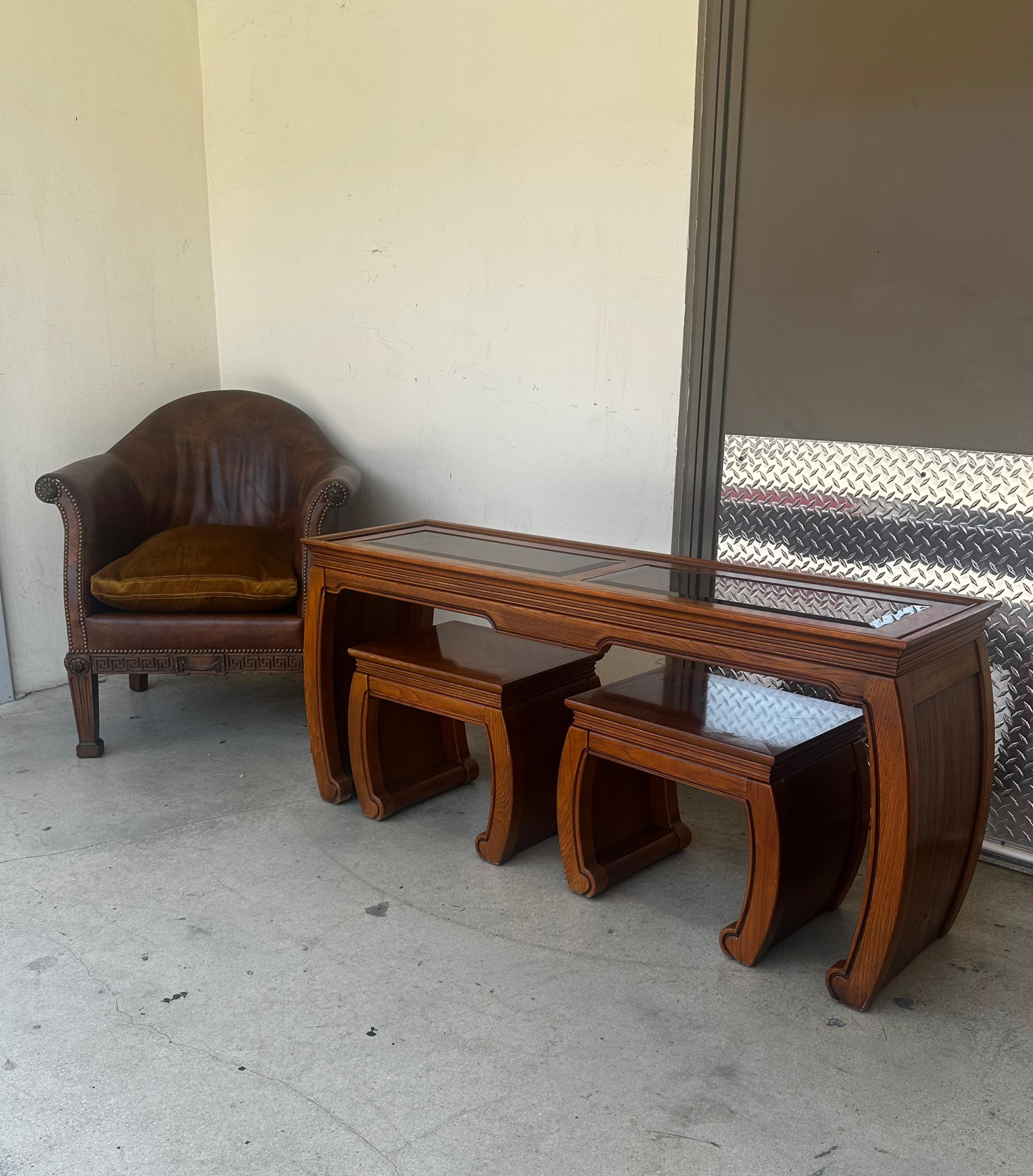 1970s Chinoiserie Scroll Ming Style Wood Glass Console Nesting Table Stools For Sale 9