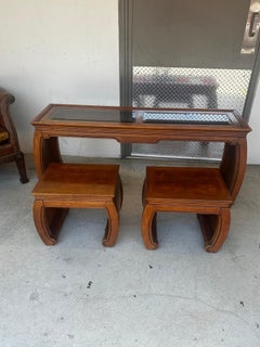 1970s Chinoiserie Scroll Ming Style Wood Glass Console Nesting Table Stools