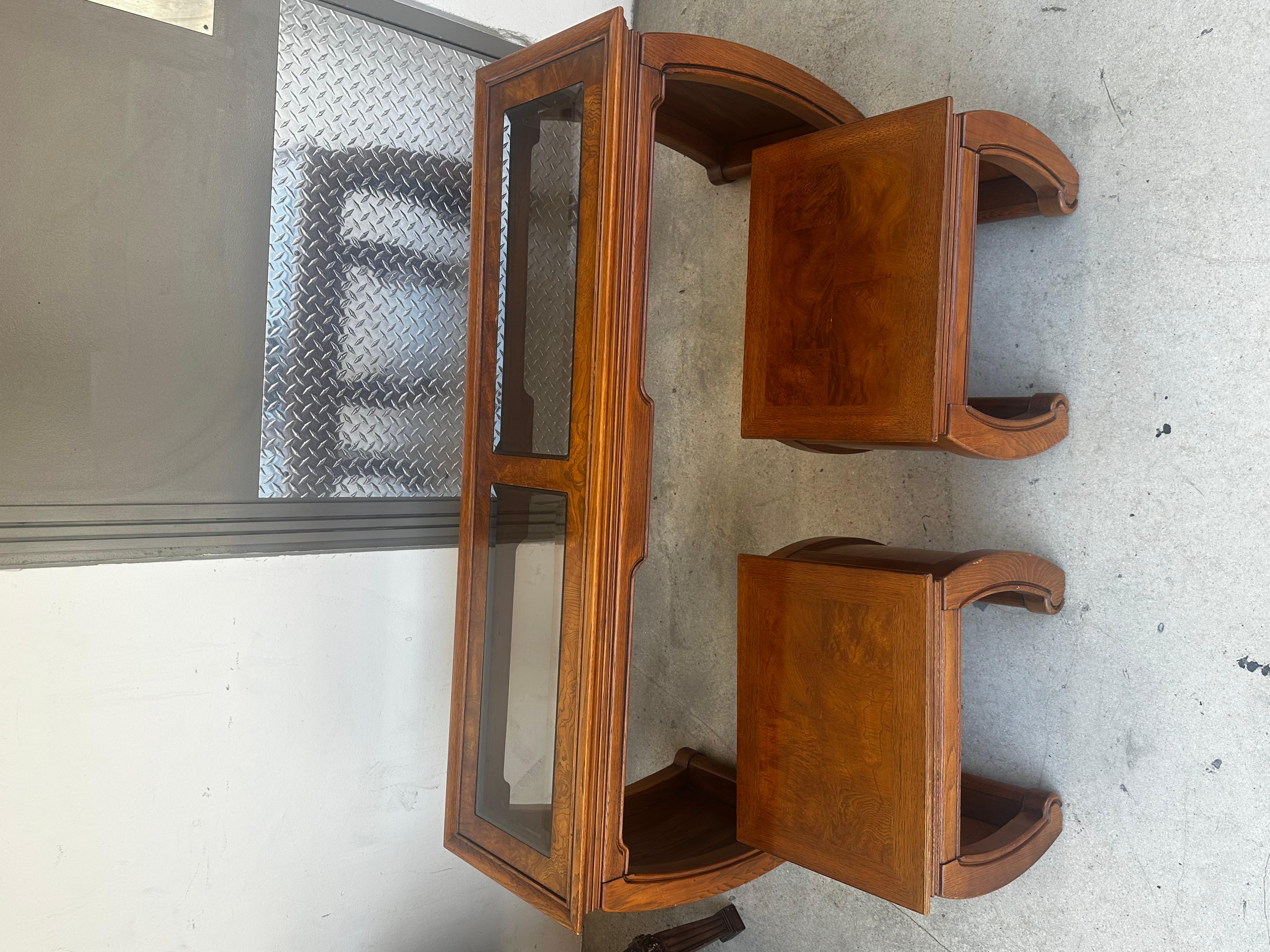 American 1970s Chinoiserie Scroll Ming Style Wood Glass Console Nesting Table Stools For Sale
