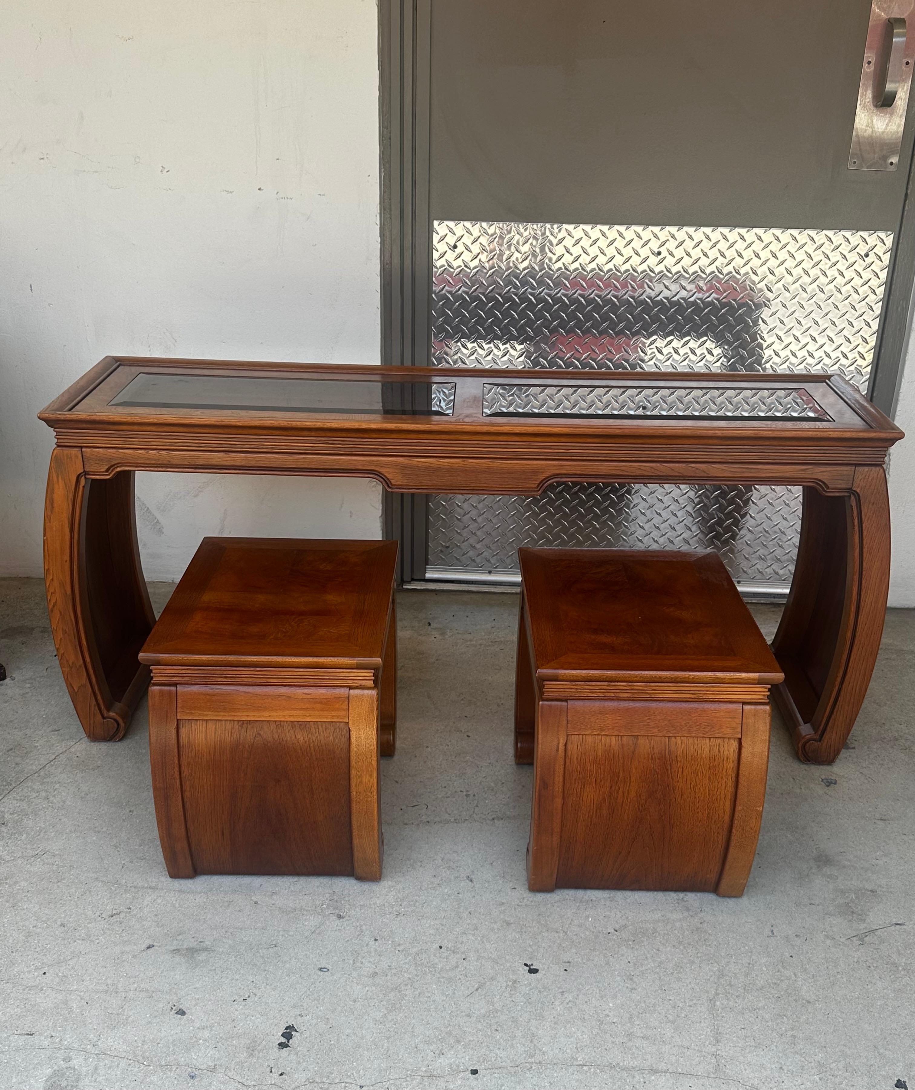 1970s Chinoiserie Scroll Ming Style Wood Glass Console Nesting Table Stools In Good Condition For Sale In Fort Lauderdale, FL