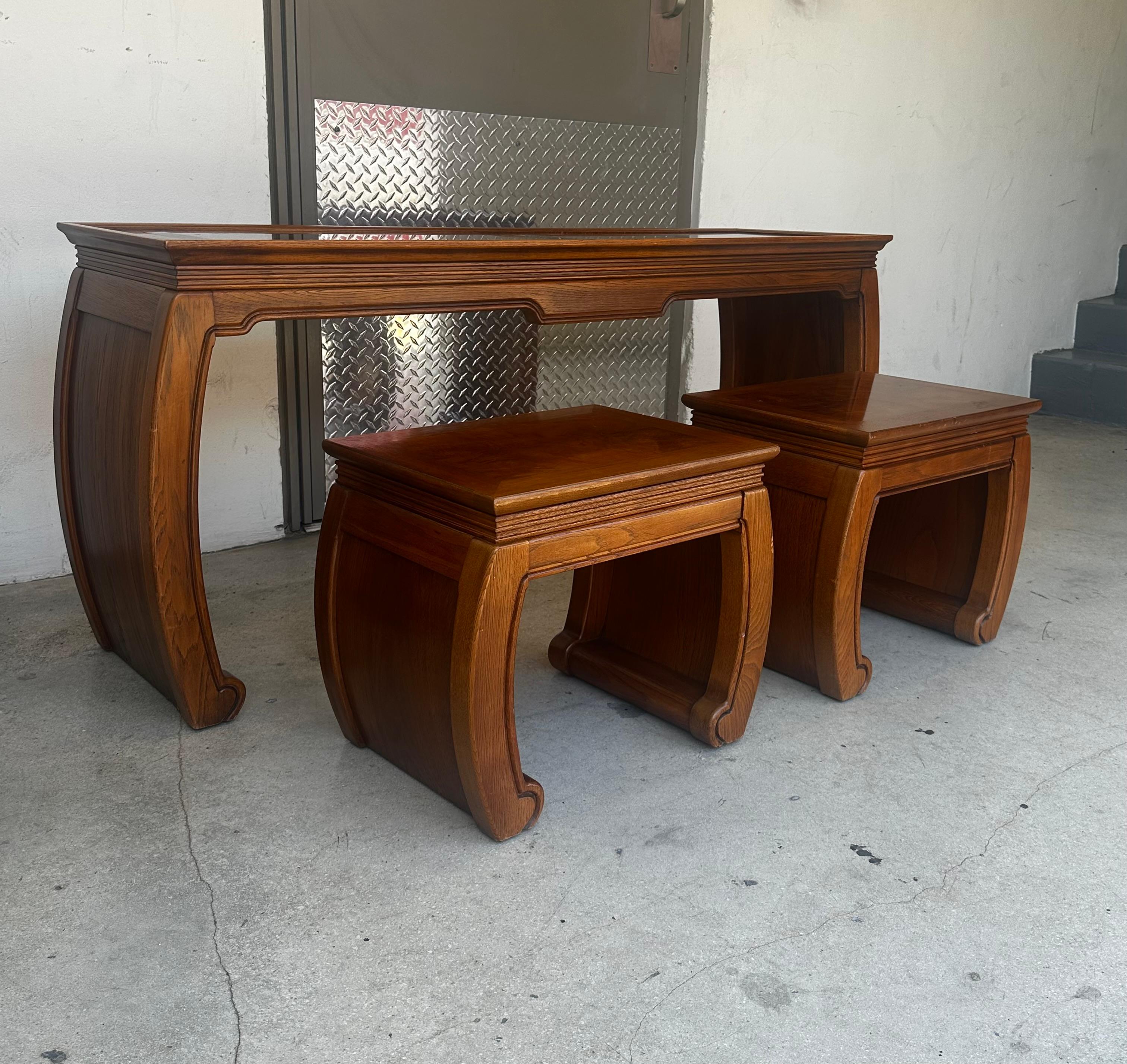 1970s Chinoiserie Scroll Ming Style Wood Glass Console Nesting Table Stools For Sale 1