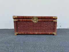 1970's Chinoiserie Storage Chest In Rattan With Brass Accents