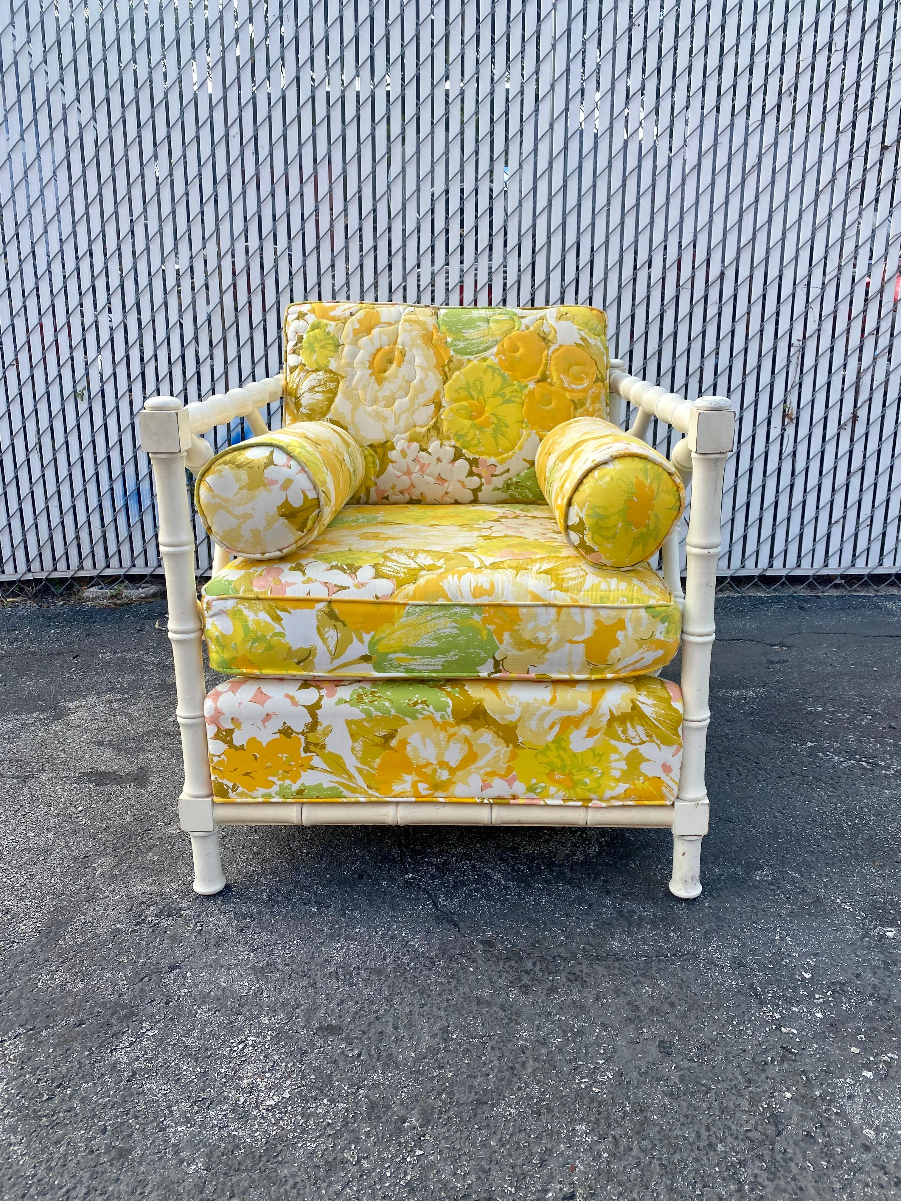 On offer on this occasion is one of the most stunning, faux bamboo handcrafted wood chair you could hope to find. Outstanding design is exhibited throughout. The beautiful floral Chinoserie style chair is statement piece which is also extremely