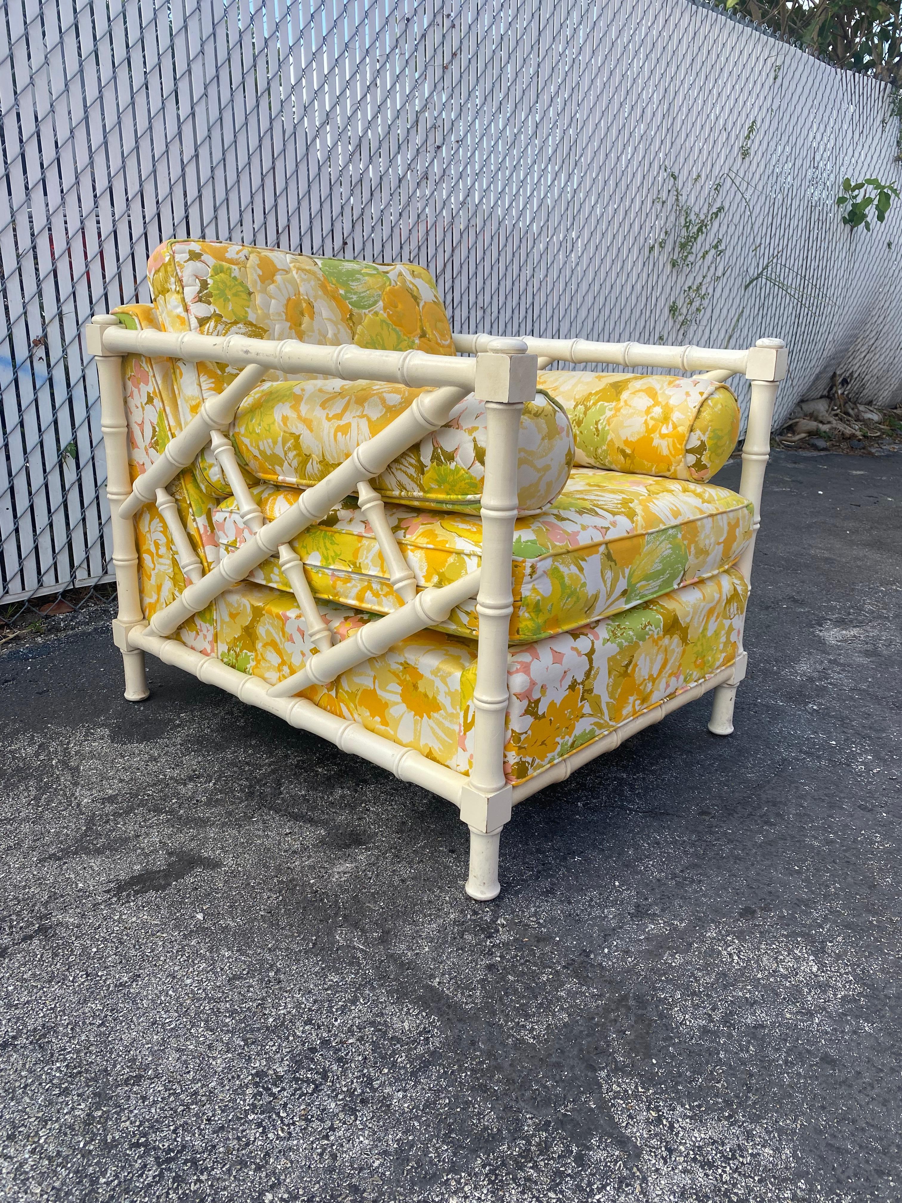 Late 20th Century 1970s Chinoserie Style Floral Faux Bamboo Wood Chair For Sale