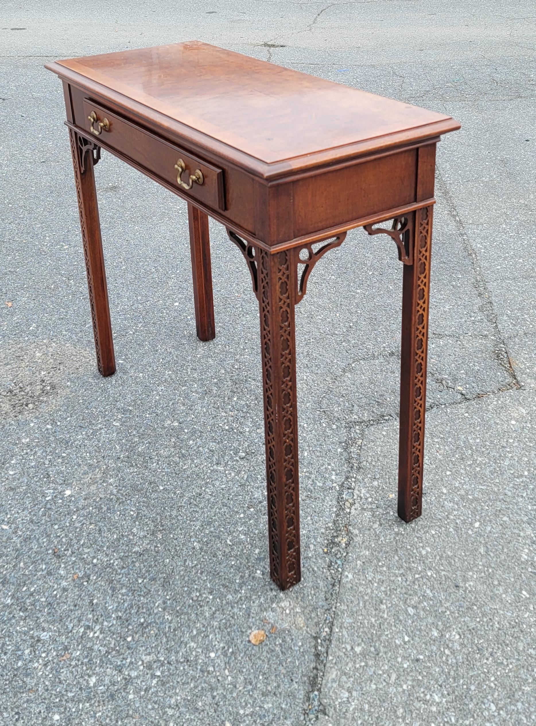 1970s Chippendale Walnut Burl Console Table with Fretwork and Banded Top For Sale 5