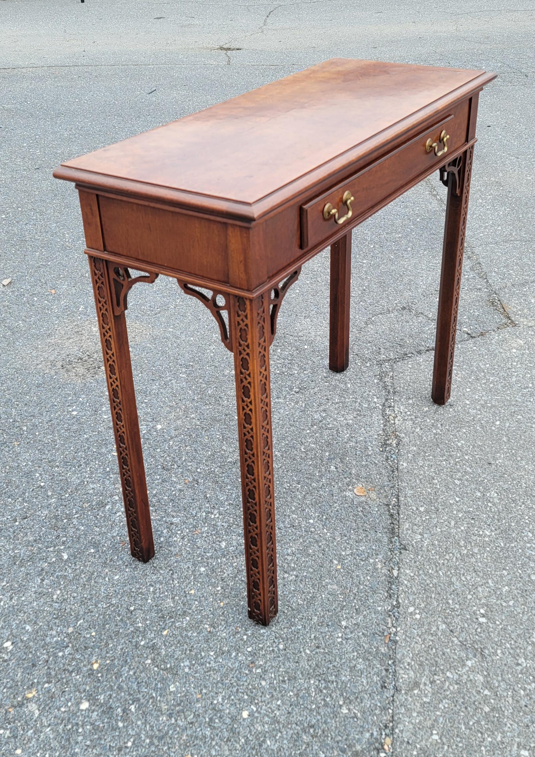 1970s Chippendale Walnut Burl Console Table with Fretwork and Banded Top For Sale 6