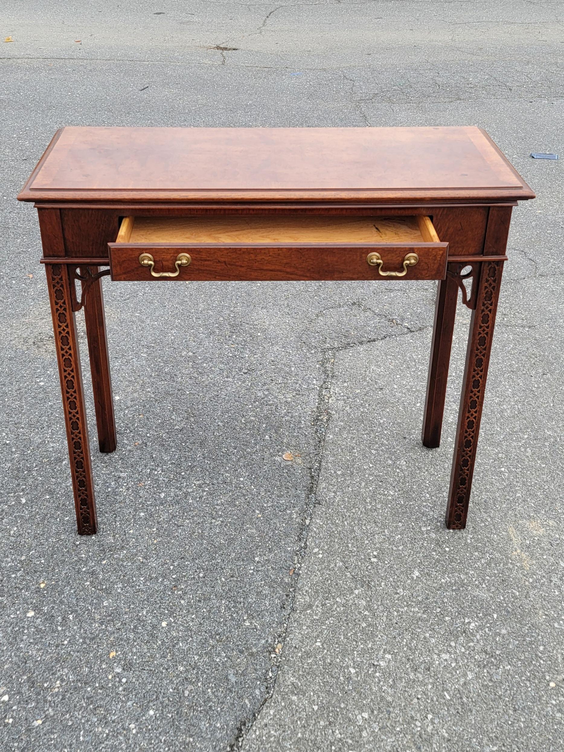 1970s Chippendale Walnut Burl Console Table with Fretwork and Banded Top For Sale 7