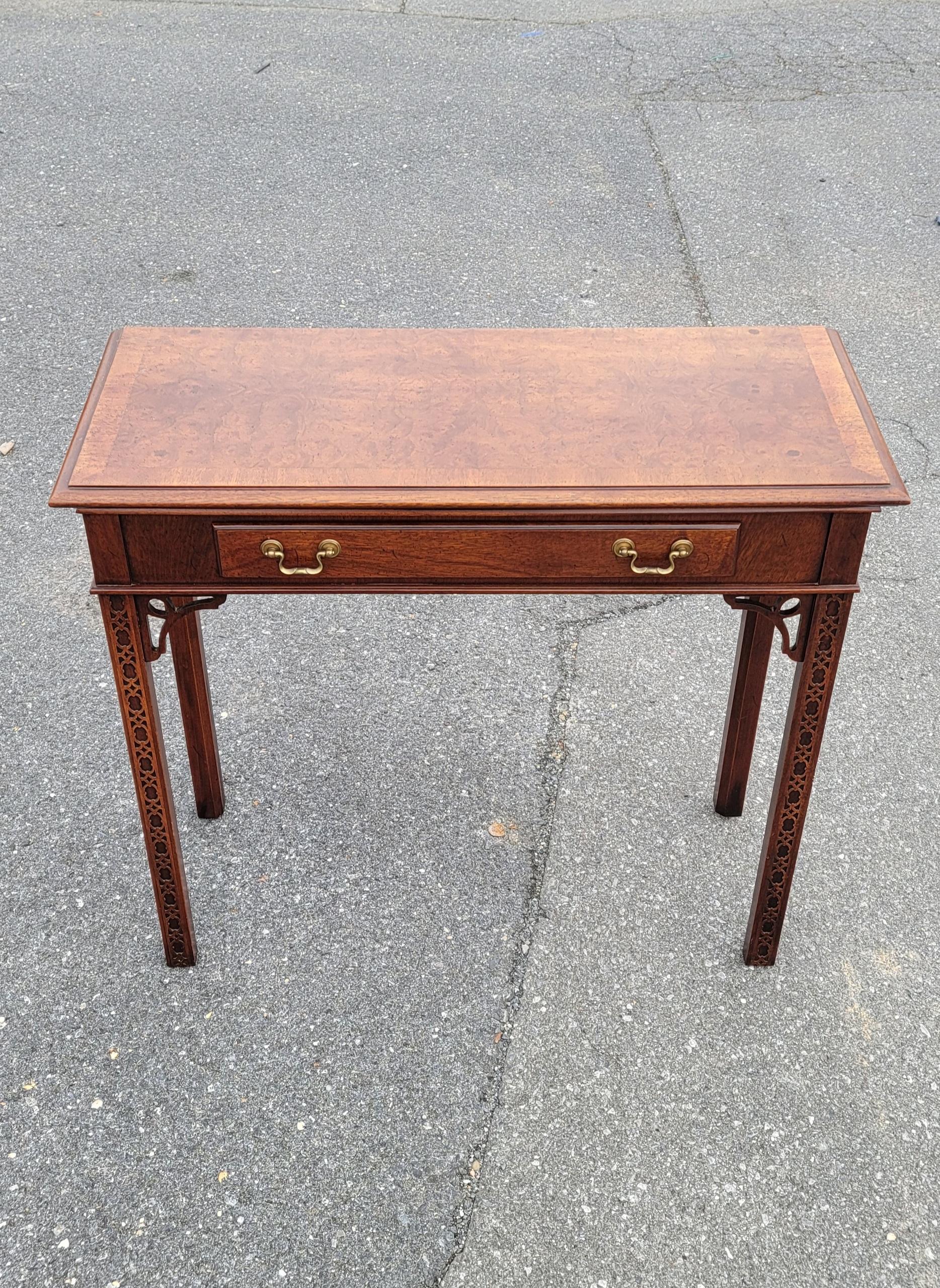 1970s Chippendale Walnut Burl Console Table with Fretwork and Banded Top For Sale 8