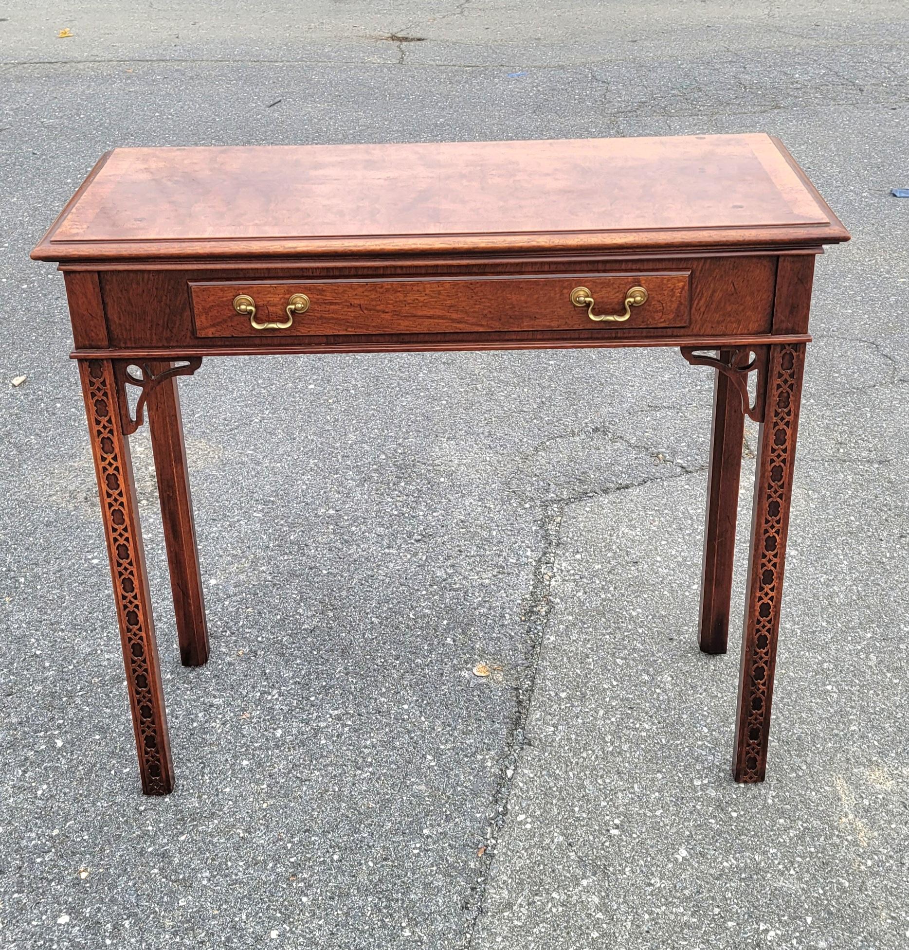 1970s Chippendale Walnut Burl Console Table with Fretwork and Banded Top For Sale 9