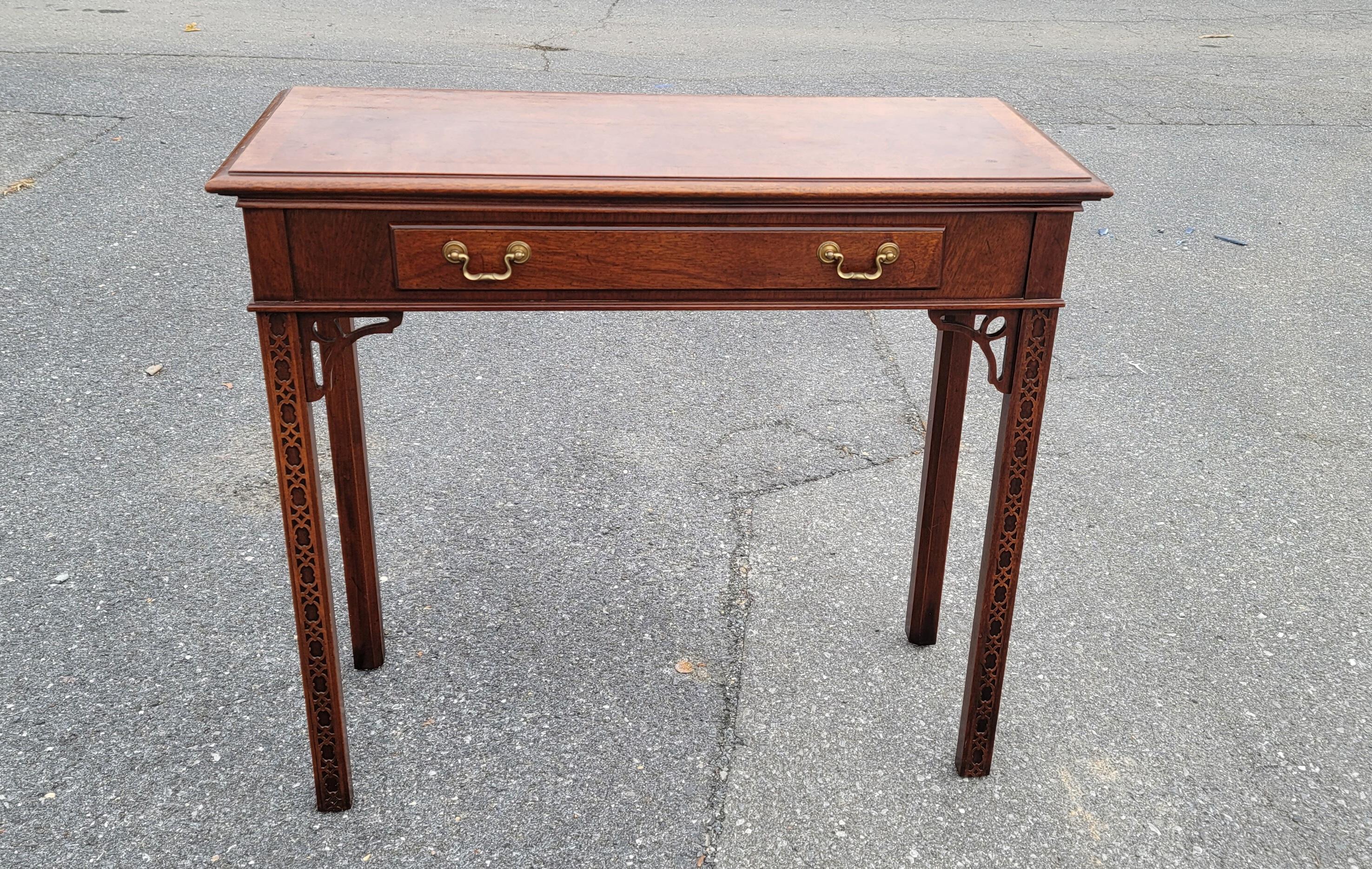 1970s Chippendale Walnut Burl Console Table with Fretwork and Banded Top For Sale 11