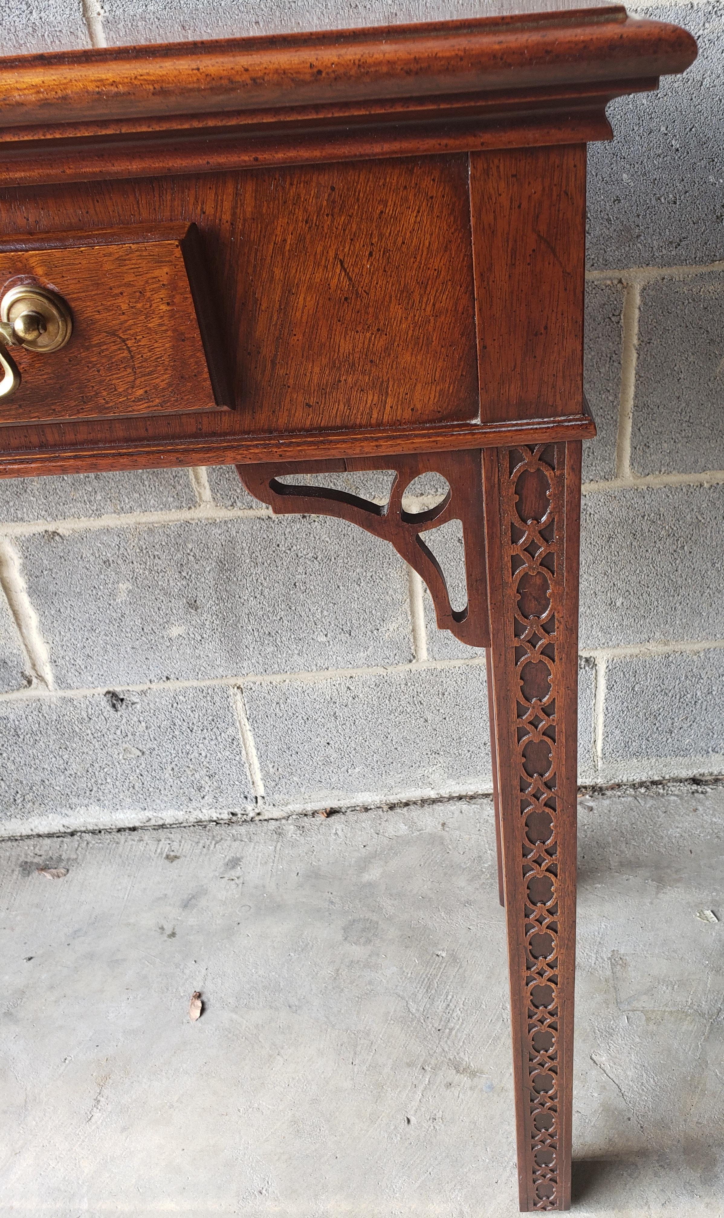 North American 1970s Chippendale Walnut Burl Console Table with Fretwork and Banded Top For Sale