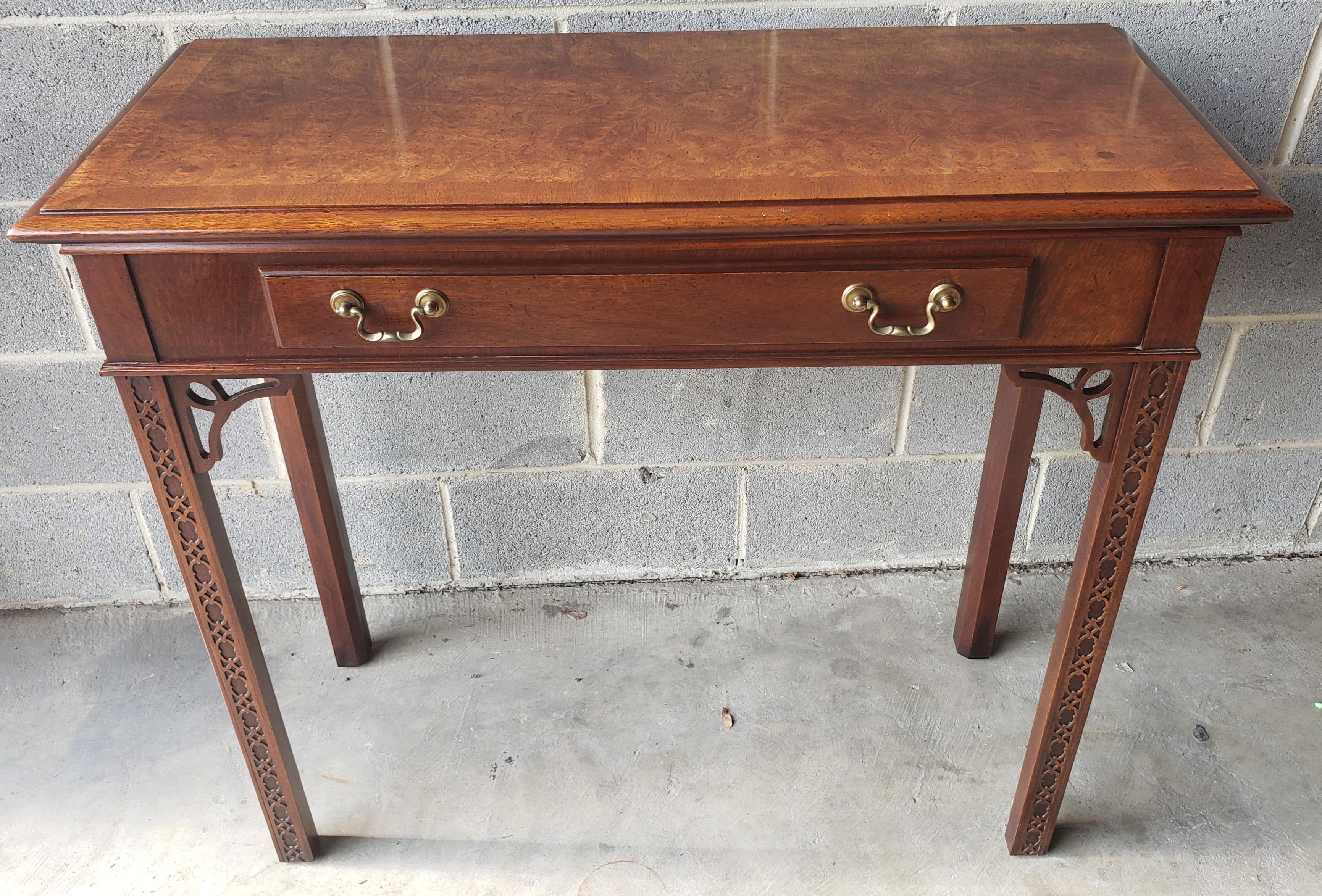 Veneer 1970s Chippendale Walnut Burl Console Table with Fretwork and Banded Top For Sale