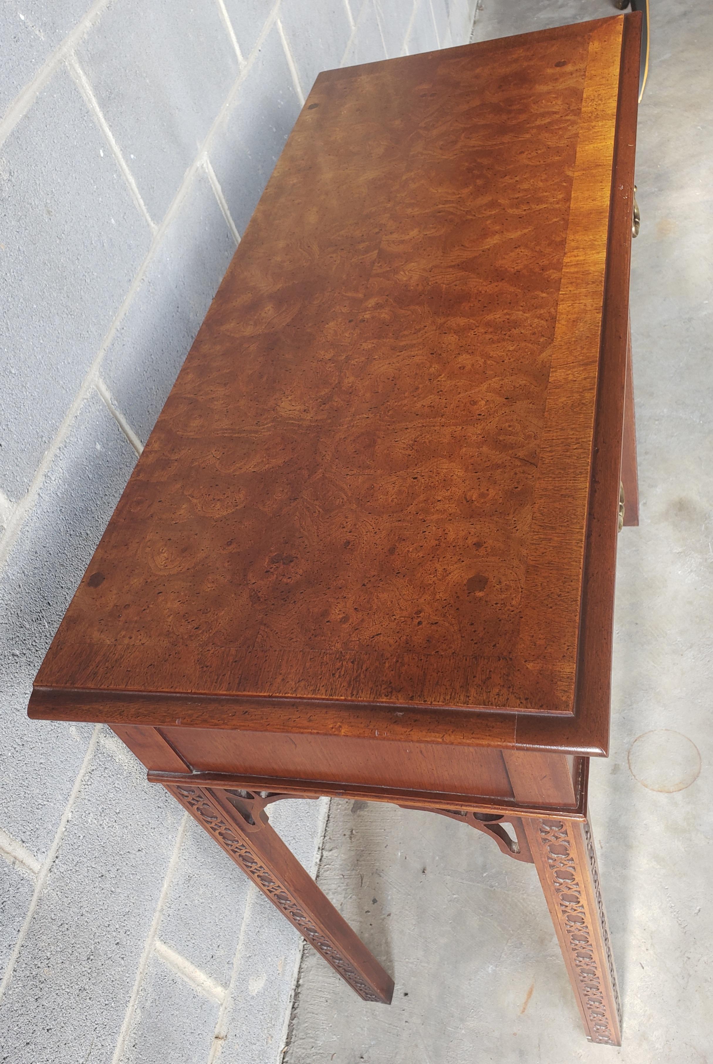 20th Century 1970s Chippendale Walnut Burl Console Table with Fretwork and Banded Top For Sale