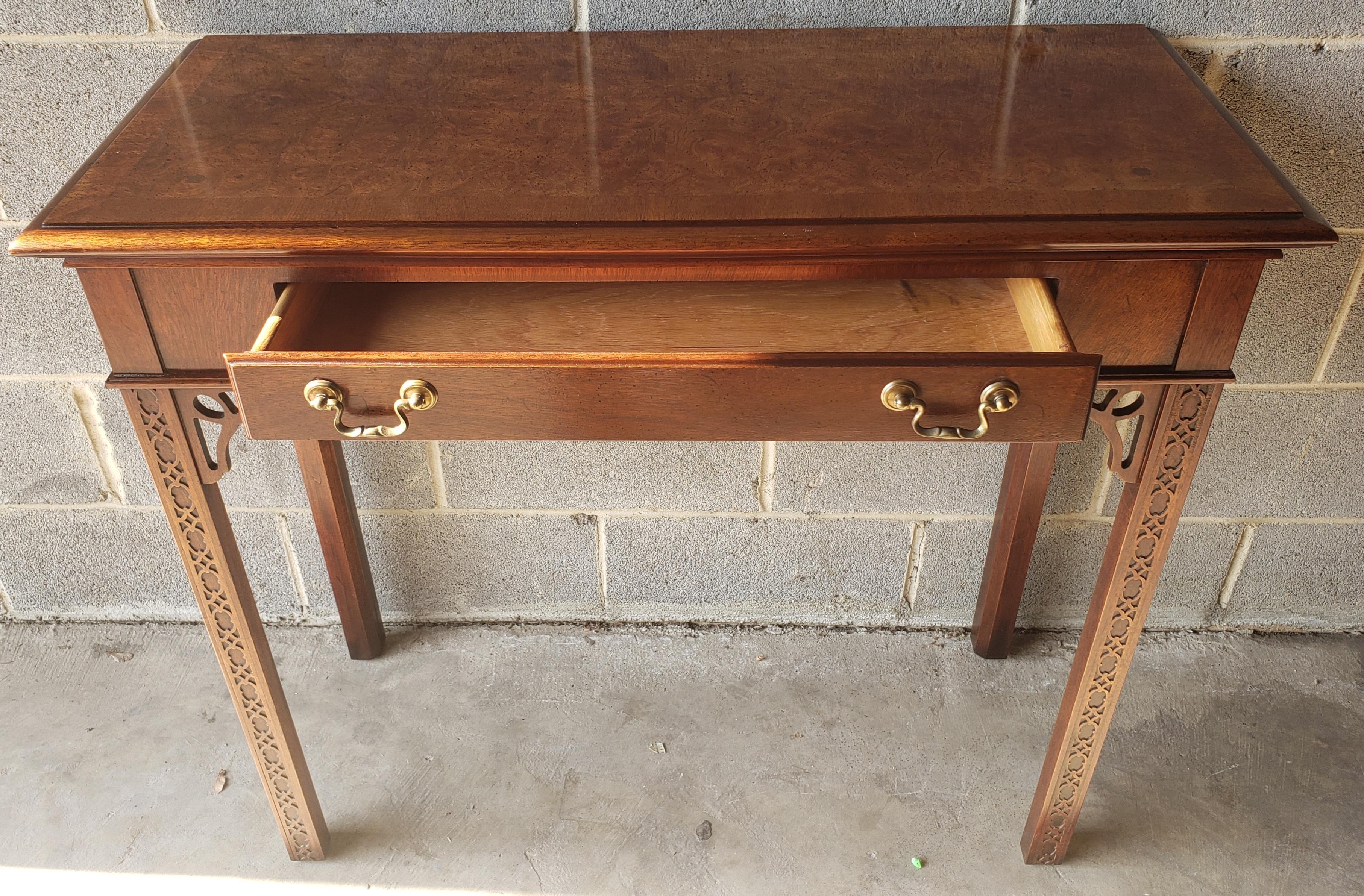 1970s Chippendale Walnut Burl Console Table with Fretwork and Banded Top For Sale 3