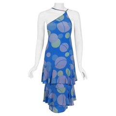 1970's Chloe by Karl Lagerfeld Periwinkle Graphic Print Silk Asymmetric Dress