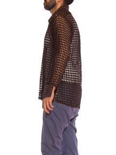 1970S Chocolate Brown Geometric Polyester Lace Sheer Men's Disco Shirt