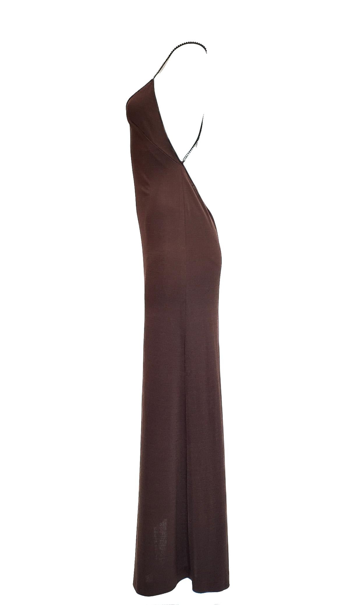 Donna Abito anni '70 in jersey marrone cioccolato con strass incrociati sulla schiena in vendita