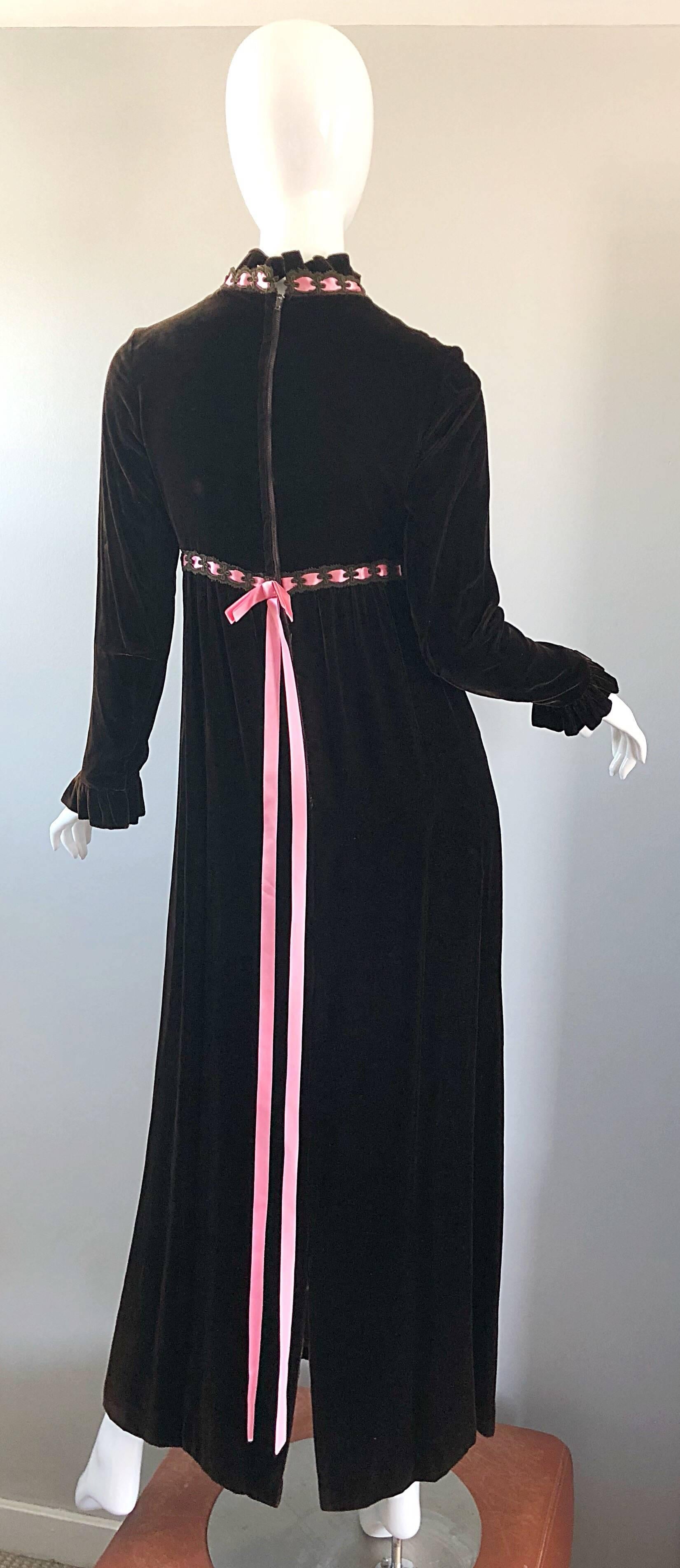 Black 1970s Chocolate Brown + Pink Ribbon Silk Velvet Gorgeous 70s Vintage Maxi Dress