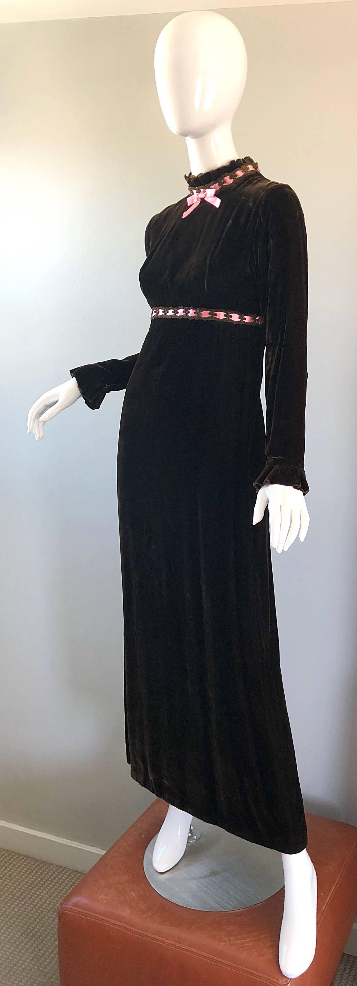 1970s Chocolate Brown + Pink Ribbon Silk Velvet Gorgeous 70s Vintage Maxi Dress In Excellent Condition In San Diego, CA