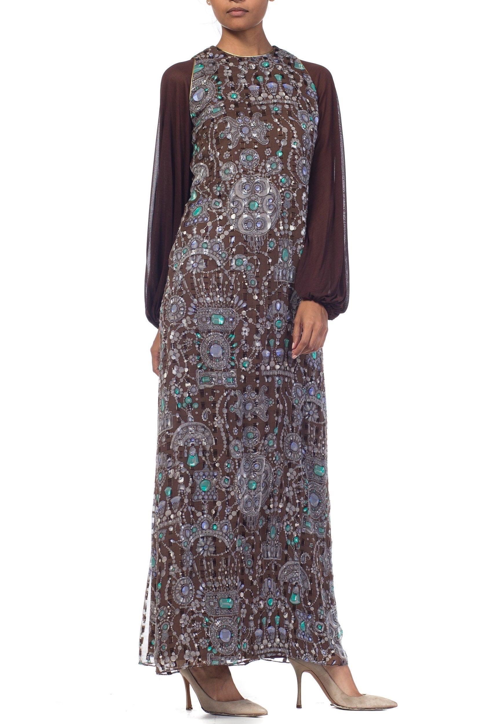 1970S Chocolate Brown Silk & Lurex Fil Coupé Helen Couture Dress With Chiffon Jersey Balloon Sleeves