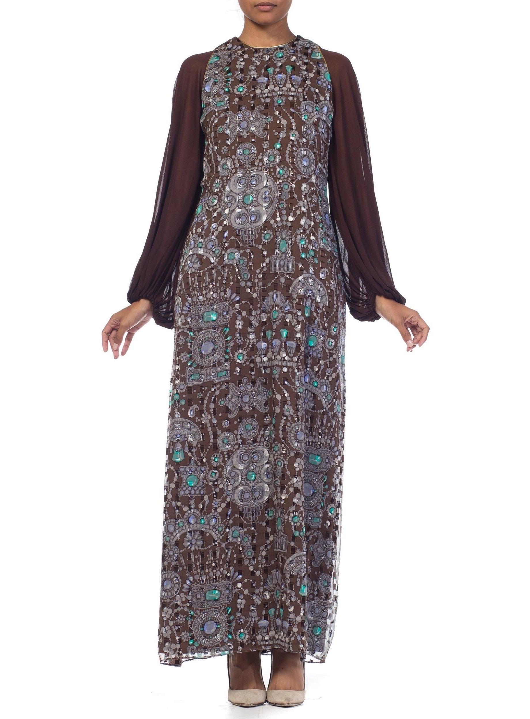 1970S Chocolate Brown Silk & Lurex Fil Coupé Helen Couture Dress With Chiffon J For Sale 2