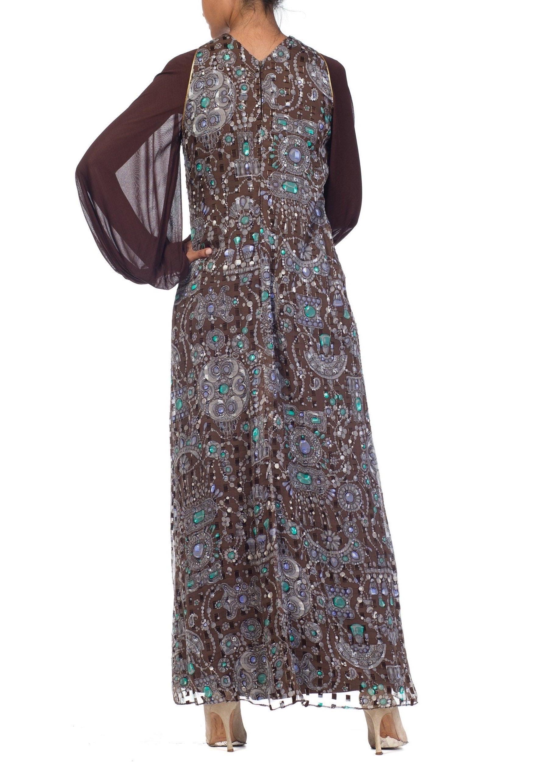 1970S Chocolate Brown Silk & Lurex Fil Coupé Helen Couture Dress With Chiffon J For Sale 5