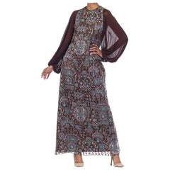 Used 1970S Chocolate Brown Silk & Lurex Fil Coupé Helen Couture Dress With Chiffon J