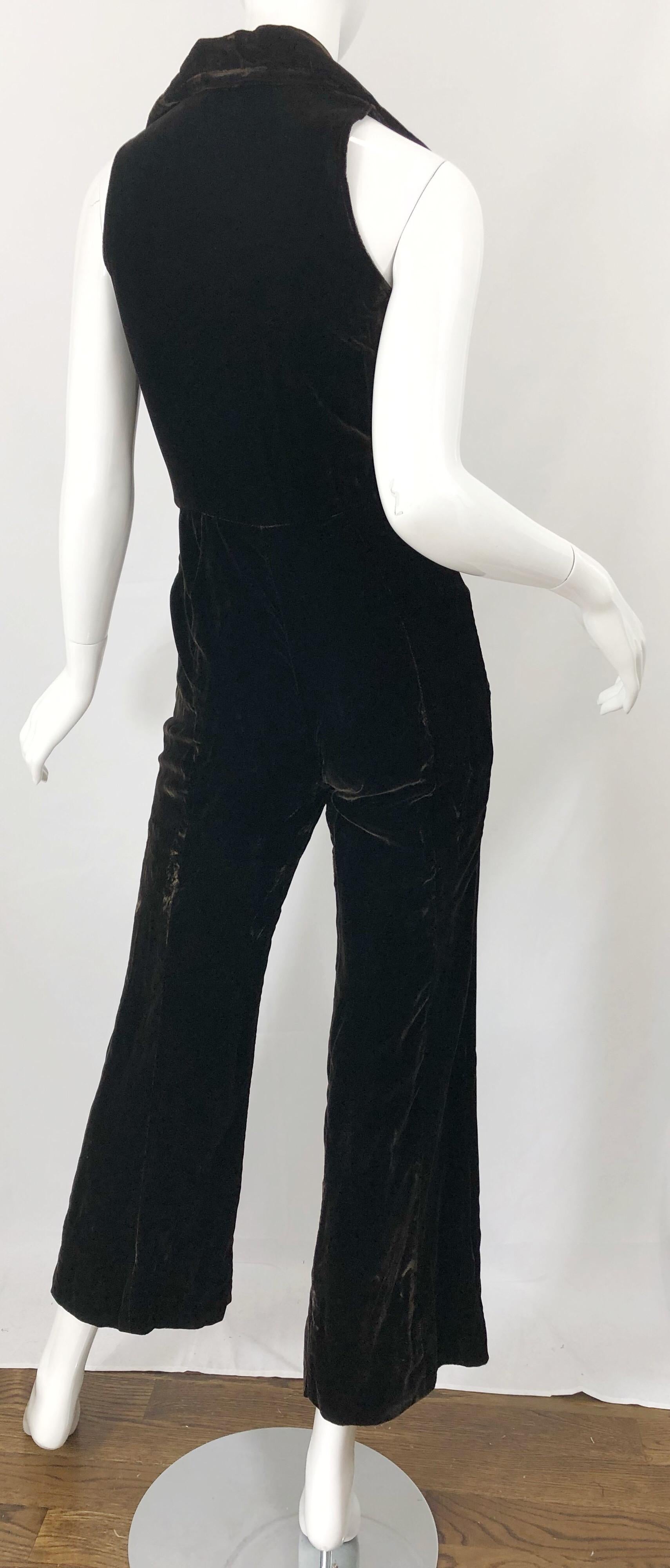 1970s Chocolate Brown Velvet Sleeveless Bell Bottom Wide Leg Vintage Jumpsuit  For Sale 2