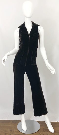 1970s Chocolate Brown Velvet Sleeveless Bell Bottom Wide Leg Vintage Jumpsuit