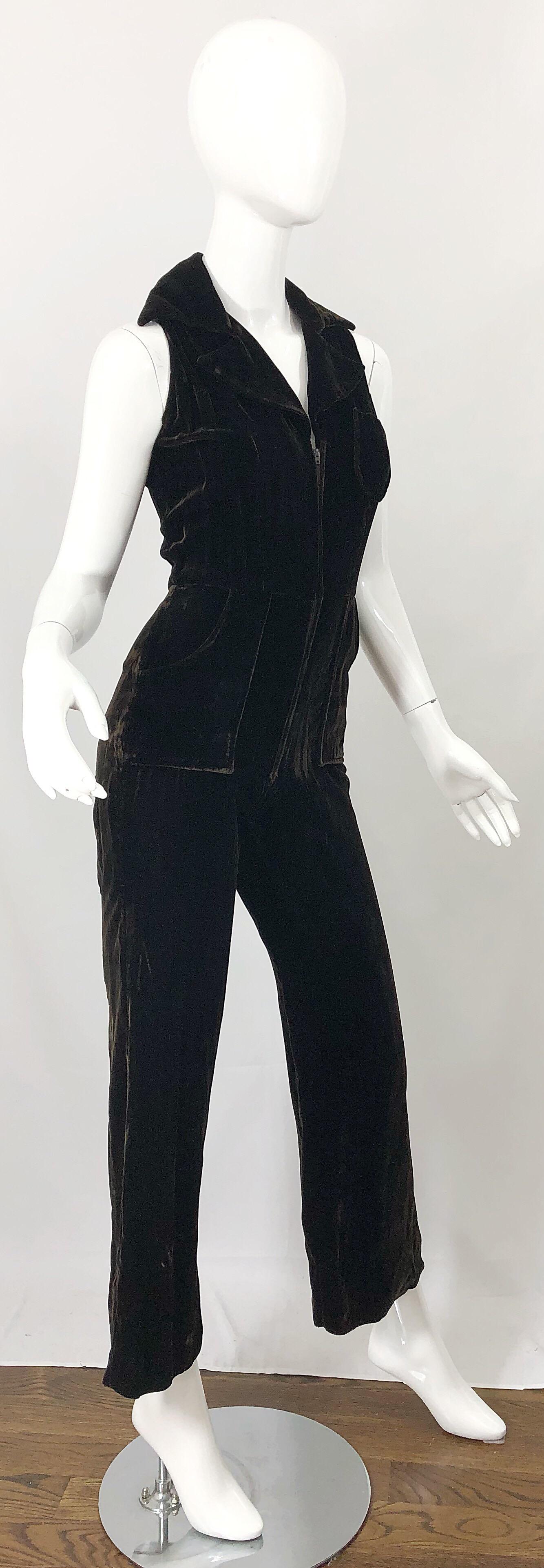 Women's 1970s Chocolate Brown Velvet Sleeveless Bell Bottom Wide Leg Vintage Jumpsuit  For Sale