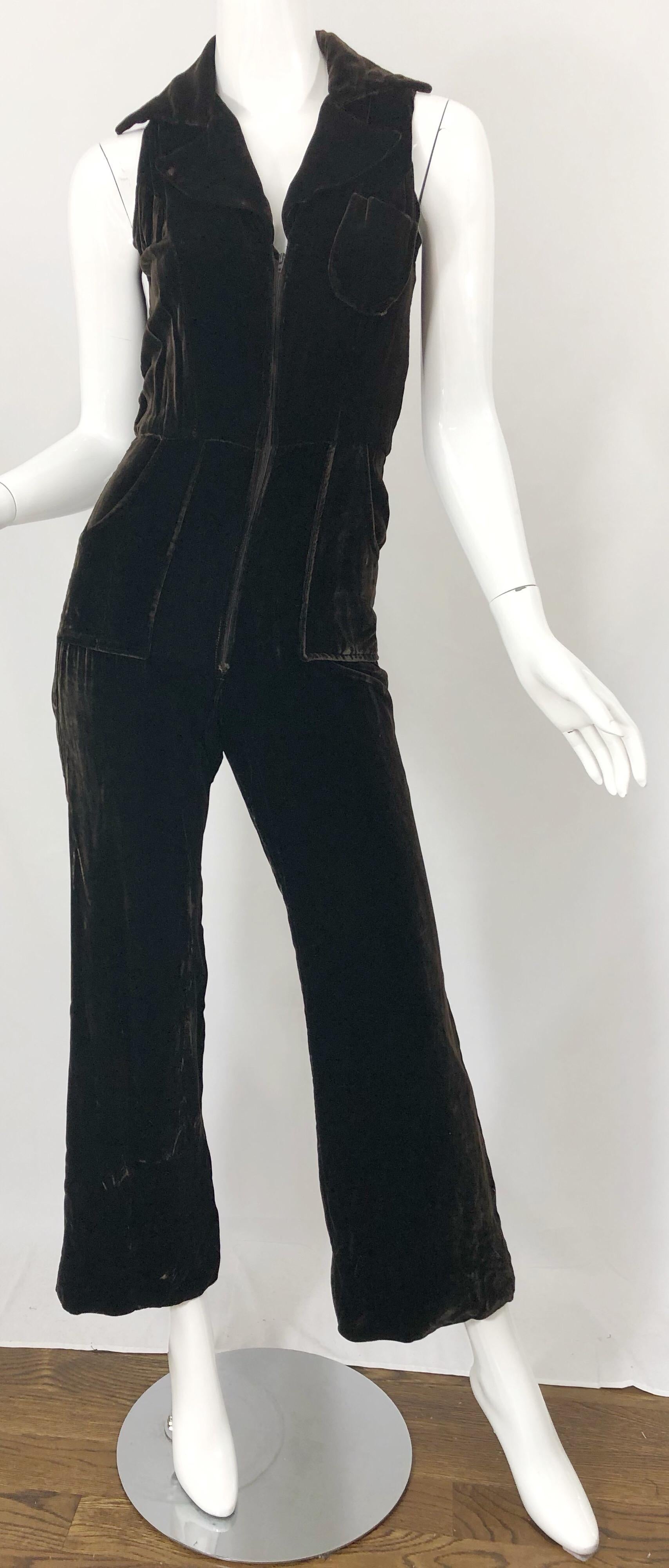 1970s Chocolate Brown Velvet Sleeveless Bell Bottom Wide Leg Vintage Jumpsuit  For Sale 1