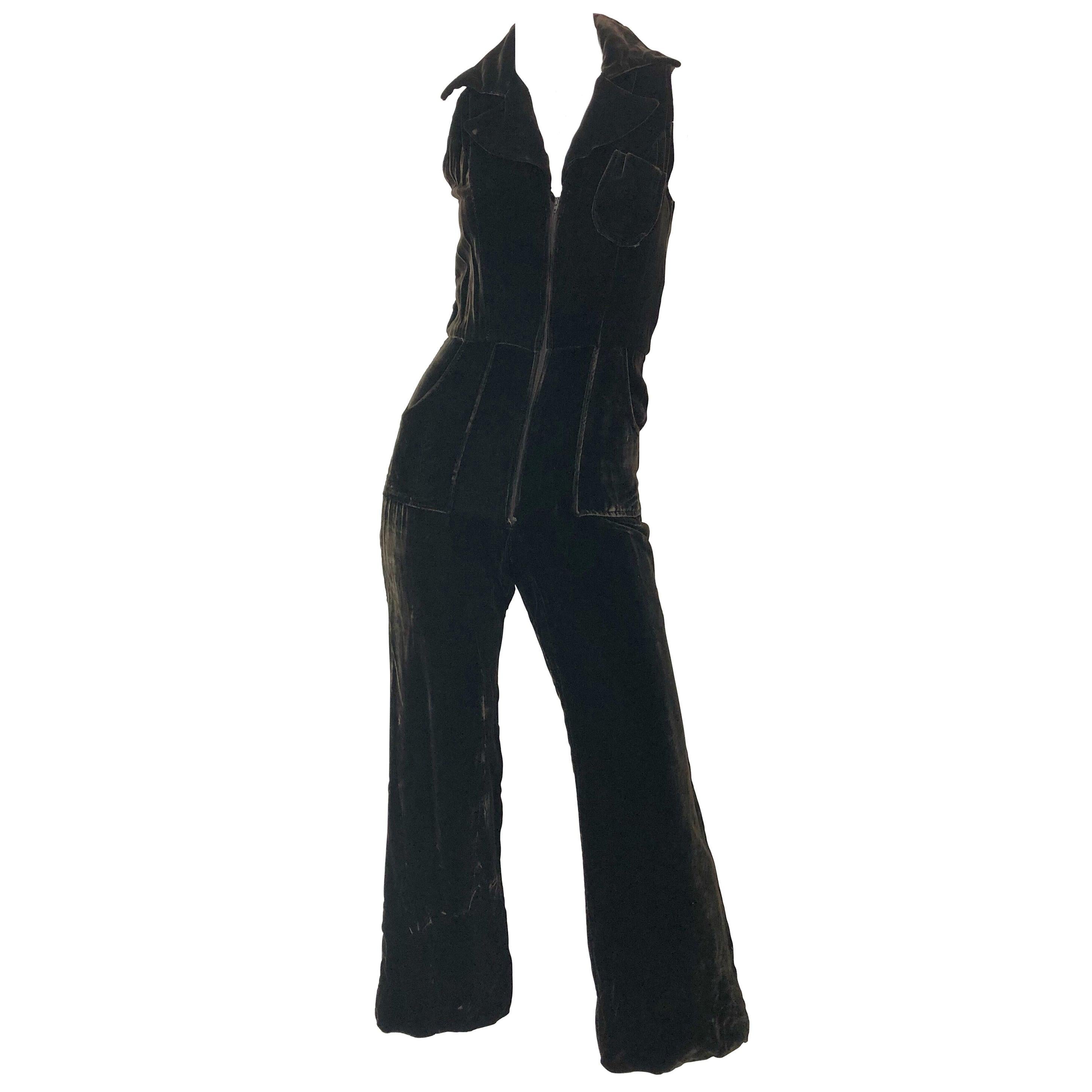 1970s Chocolate Brown Velvet Sleeveless Bell Bottom Wide Leg Vintage Jumpsuit  For Sale