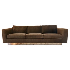 1970s Chocolate Velvet Tuxedo Sofa With Mirrored Plinth Base