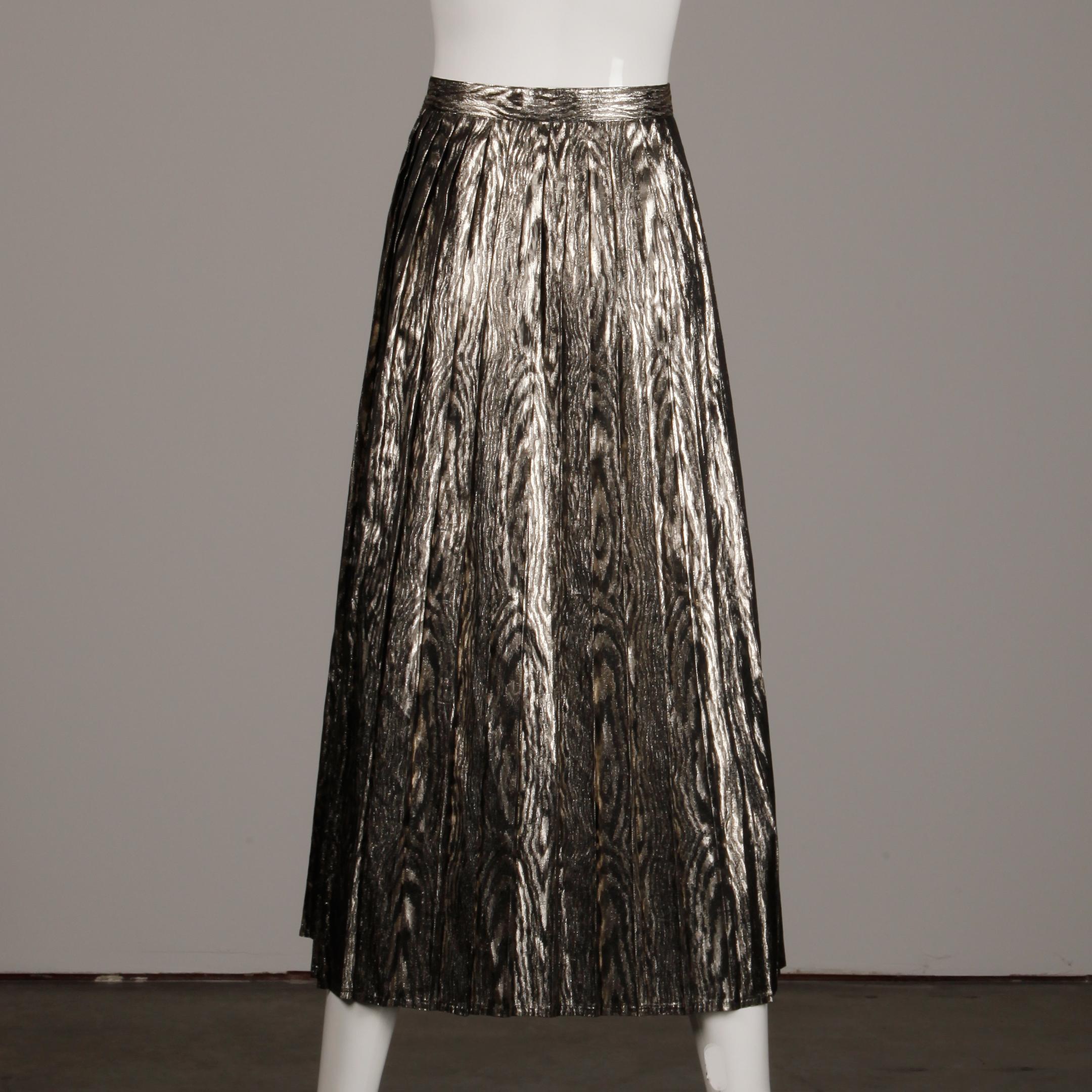 Black 1970s Christian Aujard Vintage Metallic Gold Lame Moire Pleated Midi Skirt